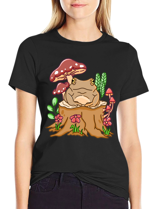 Frog on Stump Graphic Tee - Whimsical Forest Design