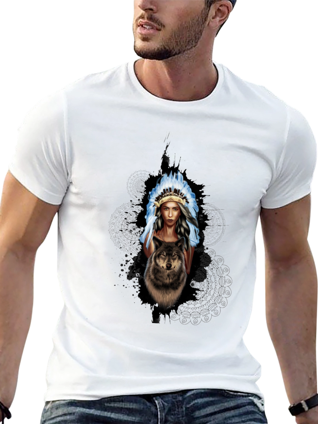 Native American Woman & Wolf Graphic T-Shirt