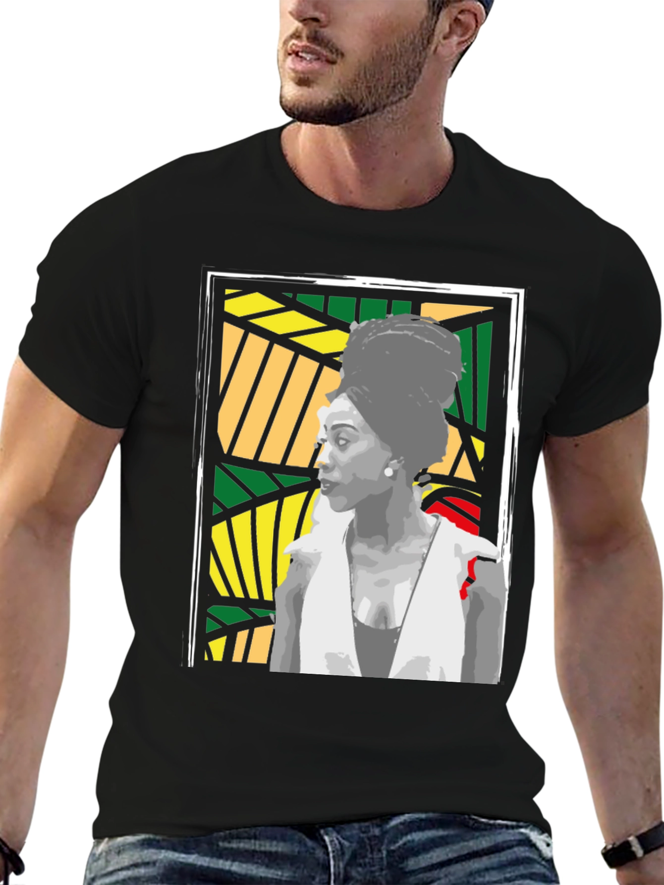 Black T-Shirt with Artistic Portrait Design