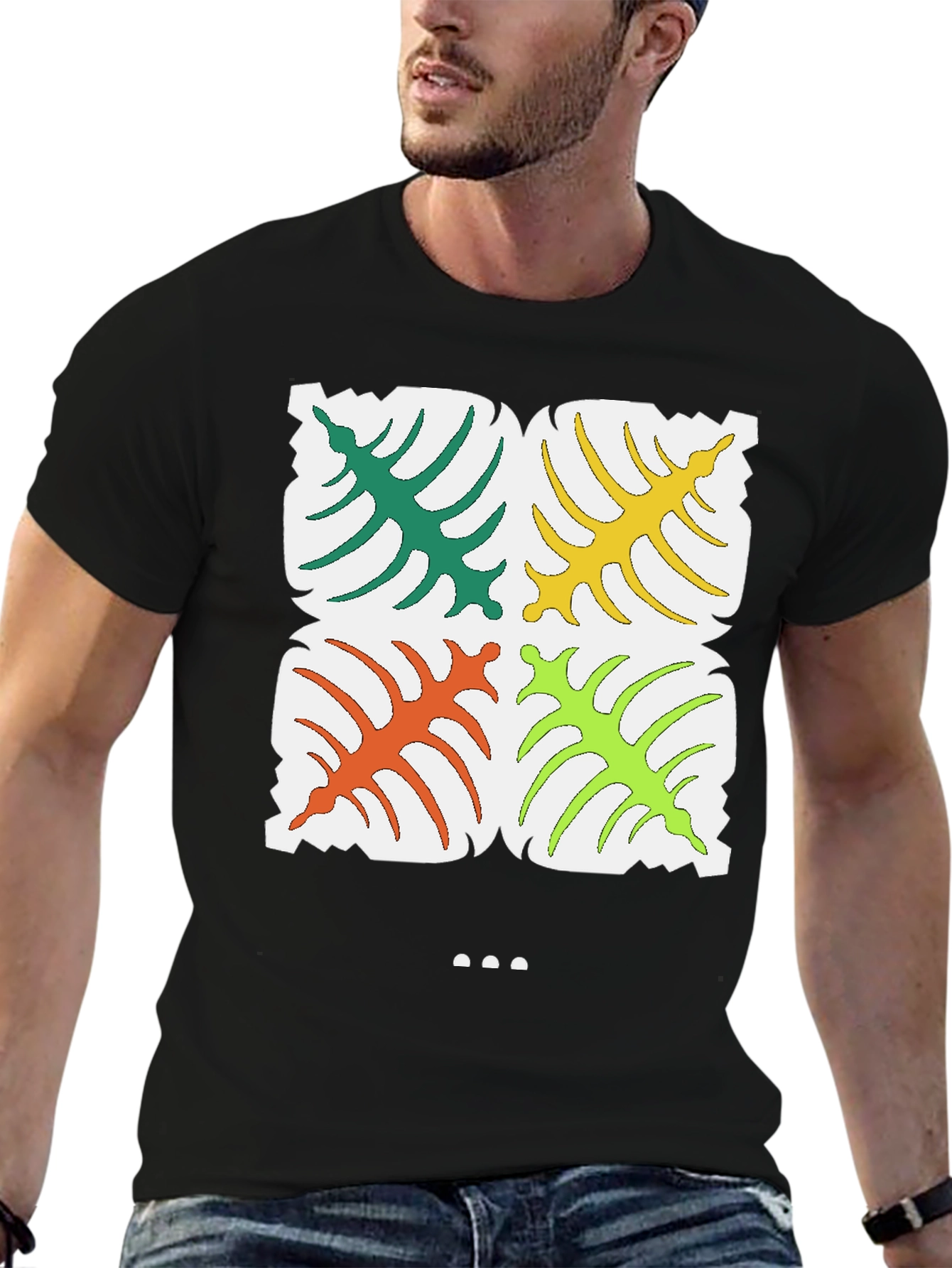 Tropical Leaf Pattern T-Shirt - Stylish Black Tee