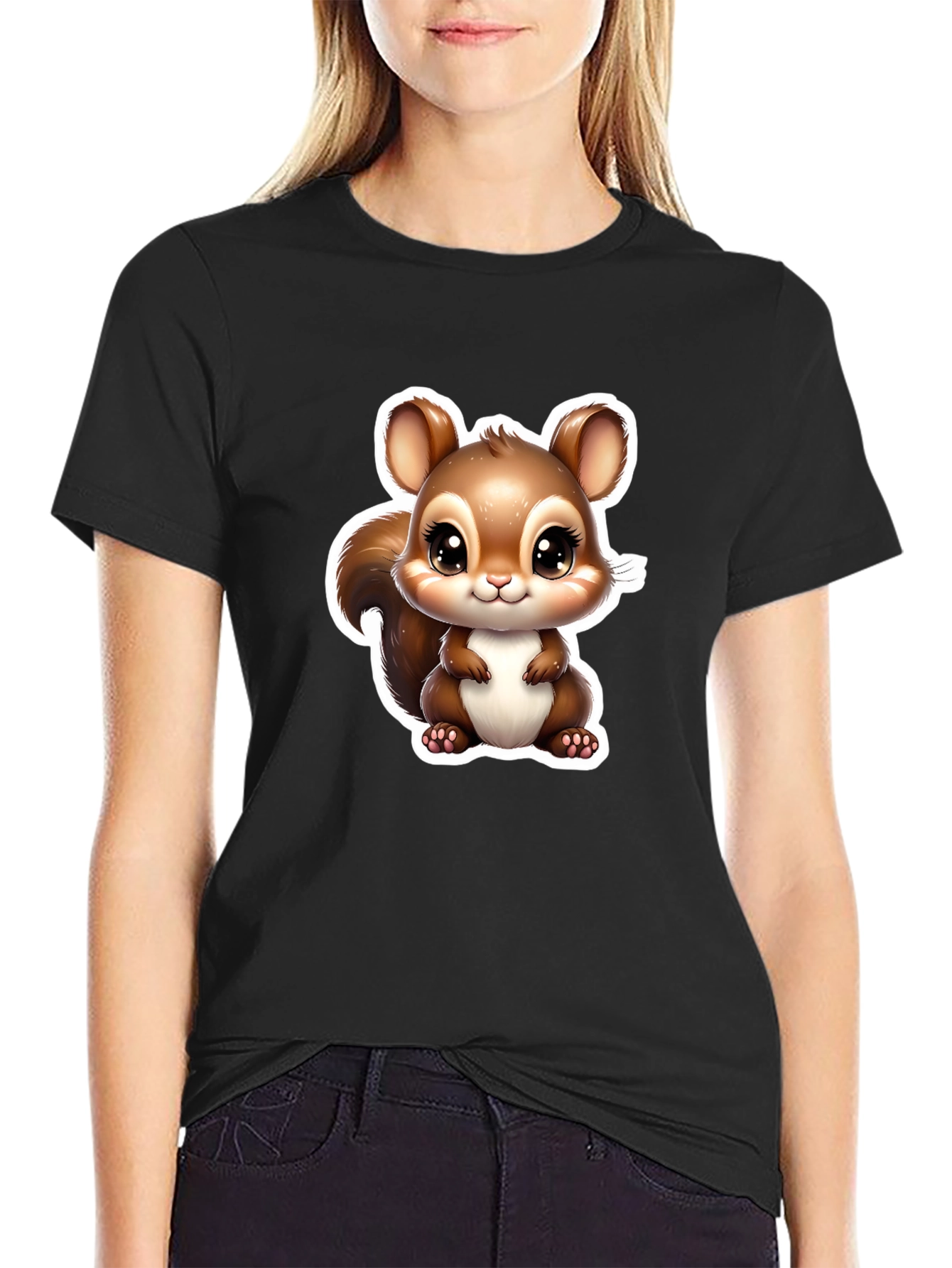 Cute Squirrel Graphic Tee - Soft Black Cotton Shirt