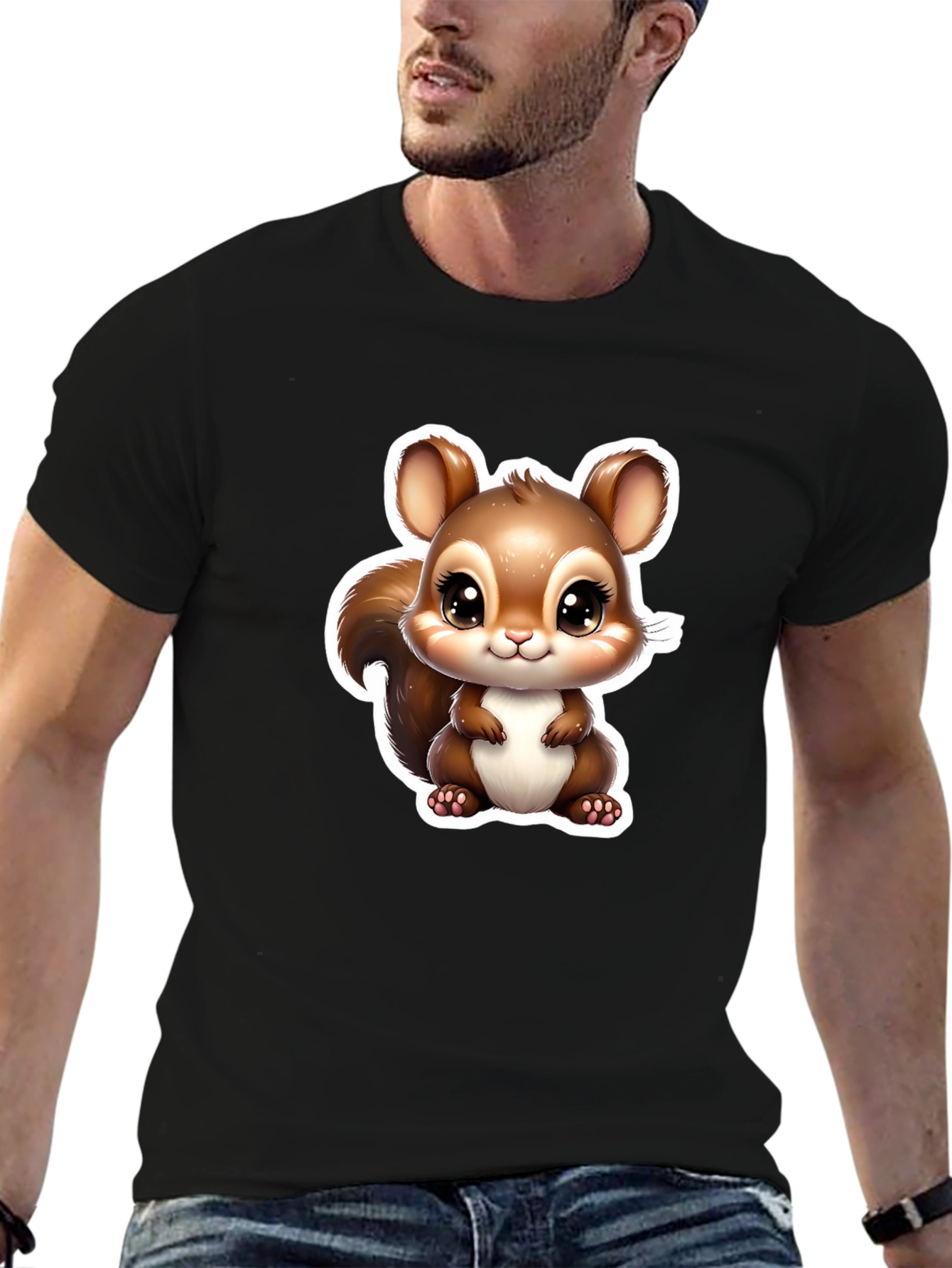 Cute Squirrel Graphic Tee - Soft Black Cotton Shirt