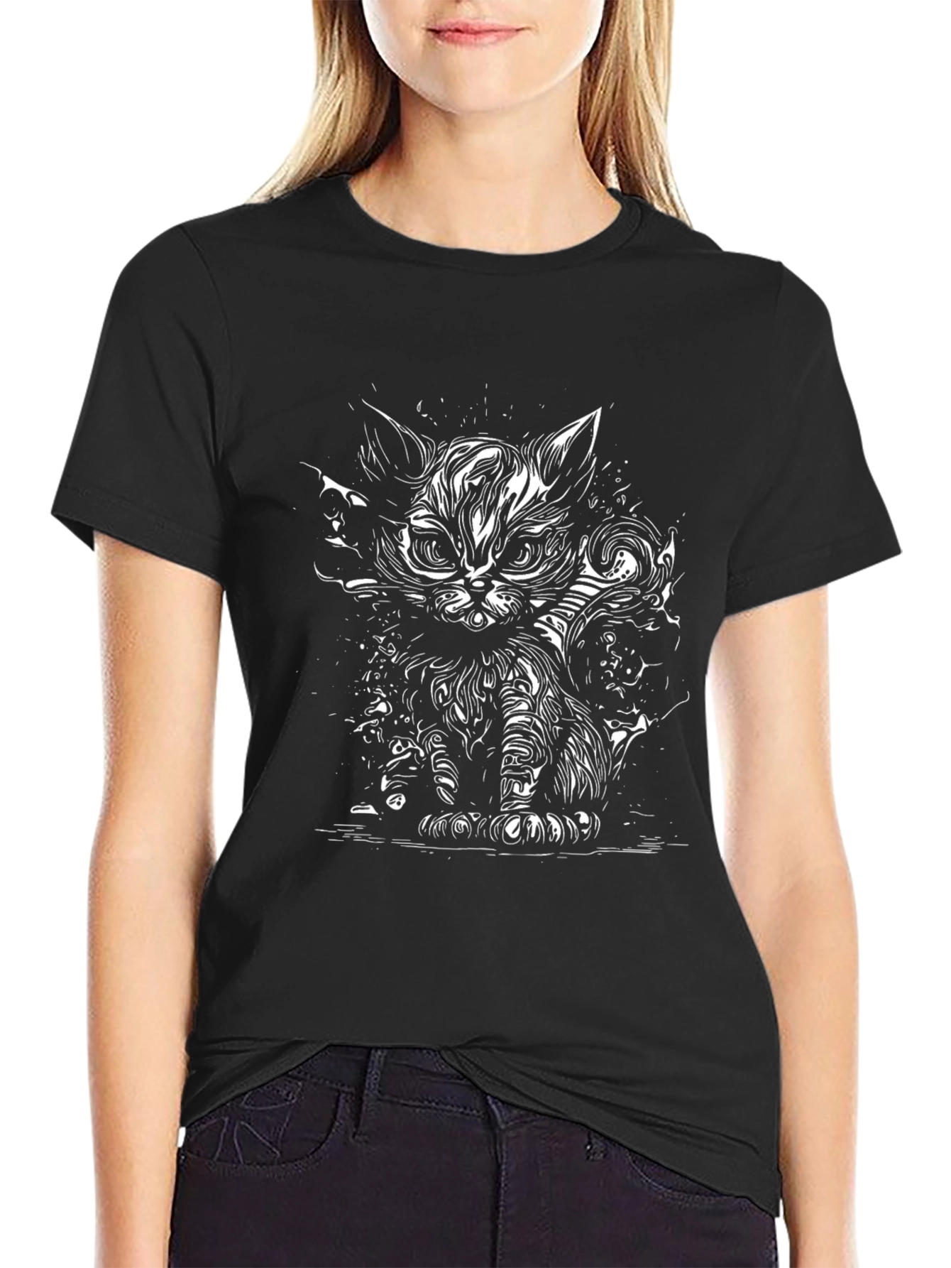 Mens Black T-Shirt with Cat Graphic