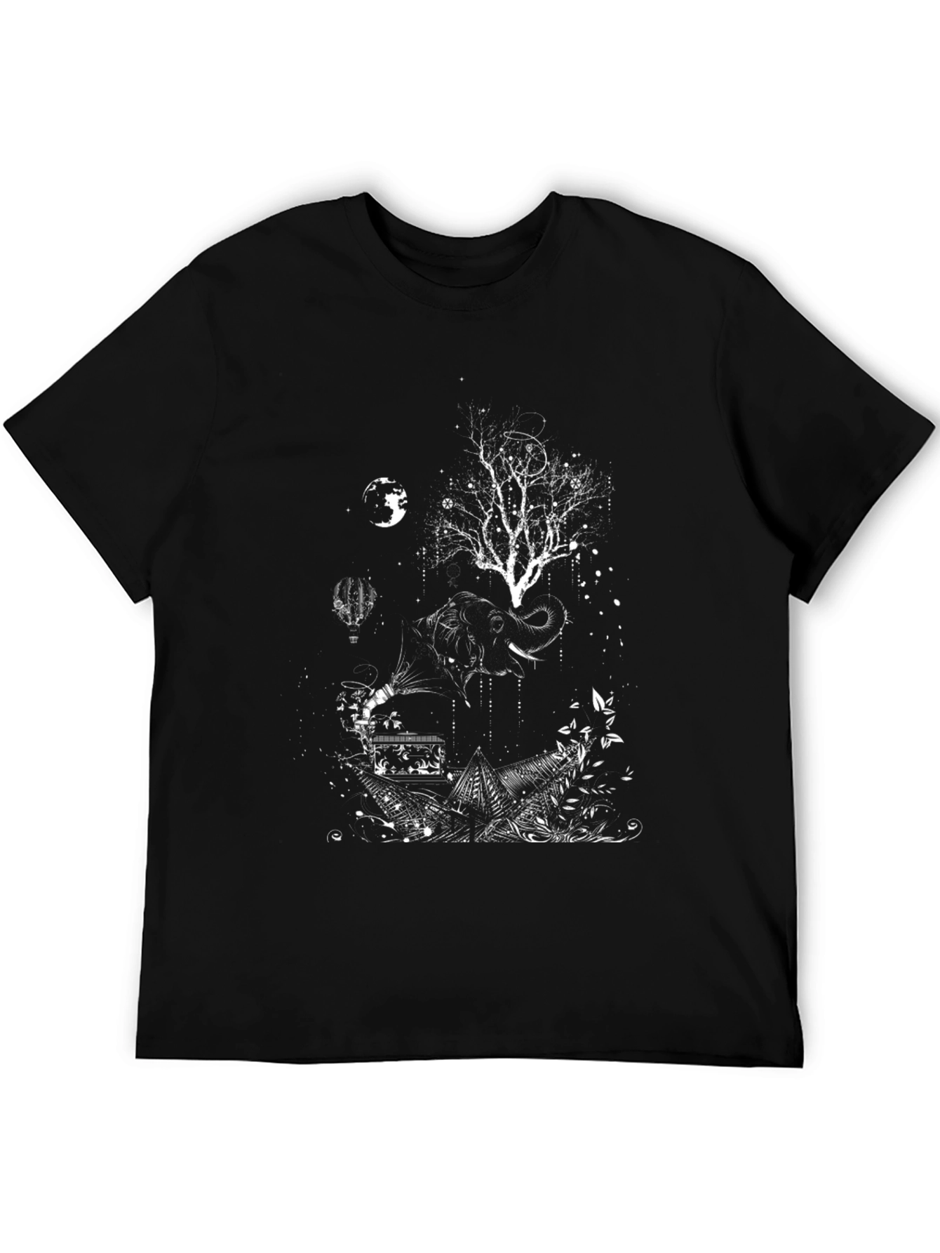 Artistic Elephant Tree Graphic Tee - Black Cotton