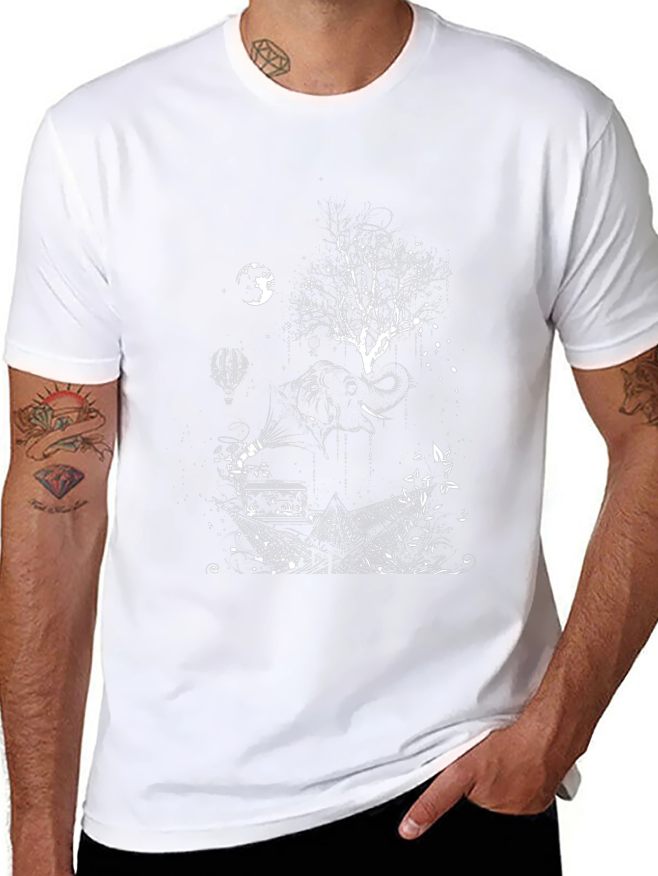 Artistic Elephant Tree Graphic Tee - Black Cotton
