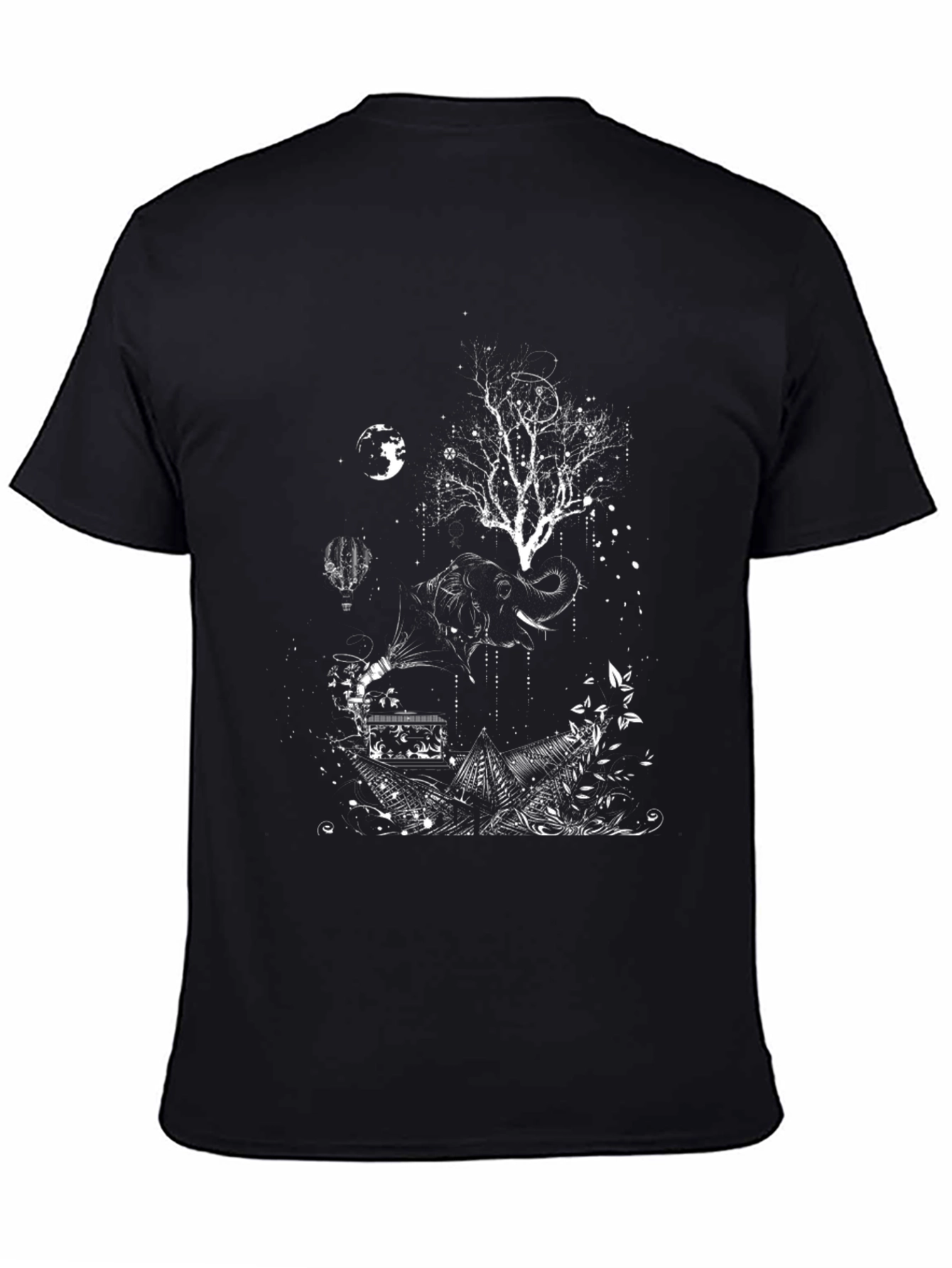 Artistic Elephant Tree Graphic Tee - Black Cotton