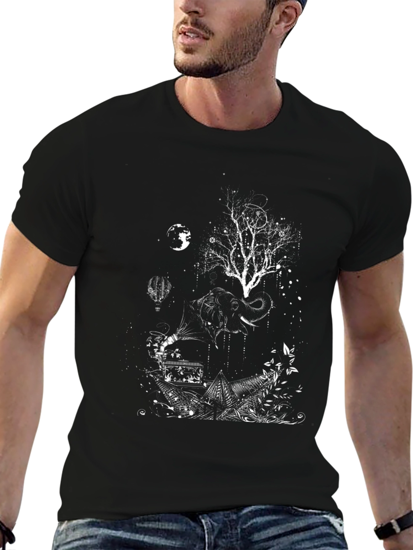 Artistic Elephant Tree Graphic Tee - Black Cotton