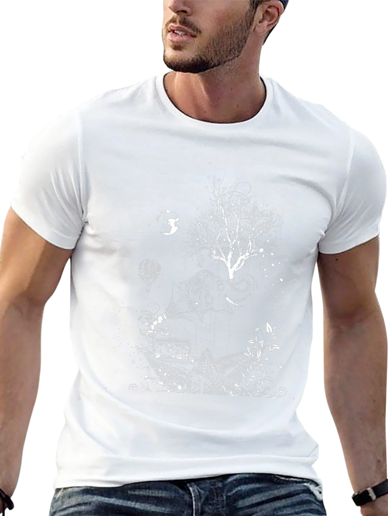 Artistic Elephant Tree Graphic Tee - Black Cotton