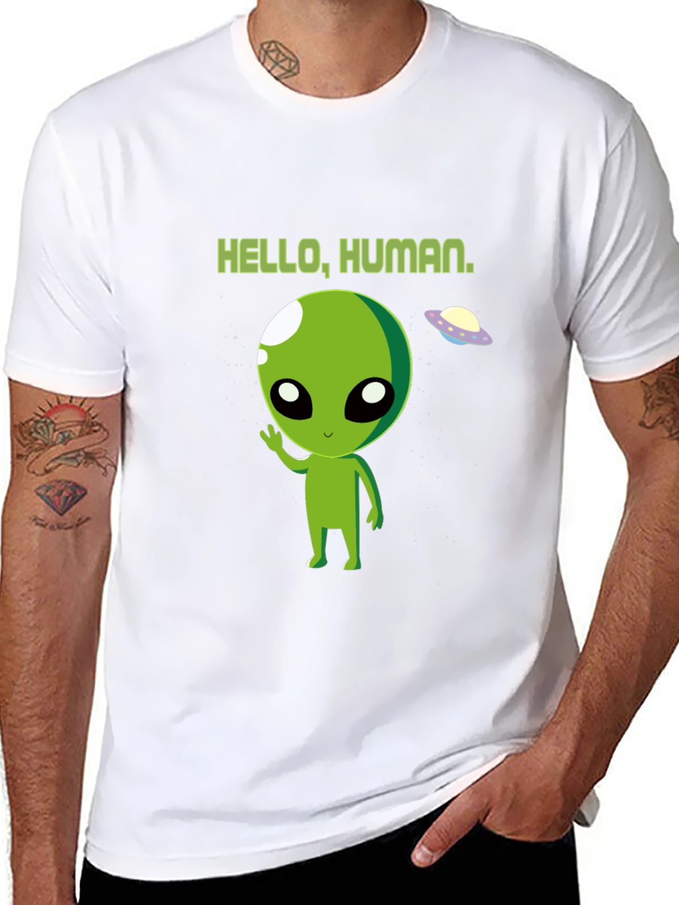 Hello Human Alien Graphic Tee - Black Crew Neck