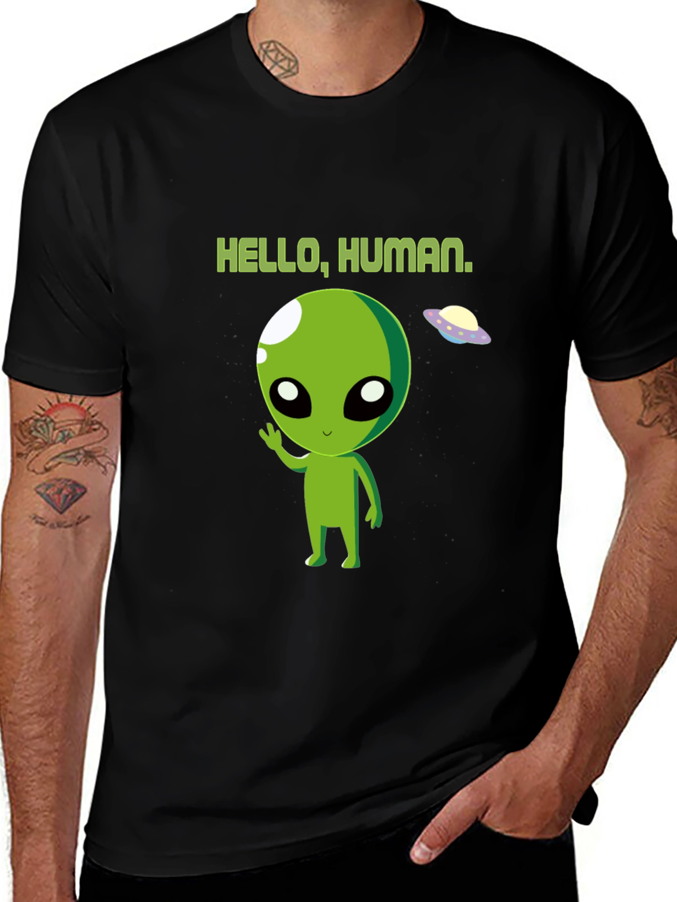 Hello Human Alien Graphic Tee - Black Crew Neck