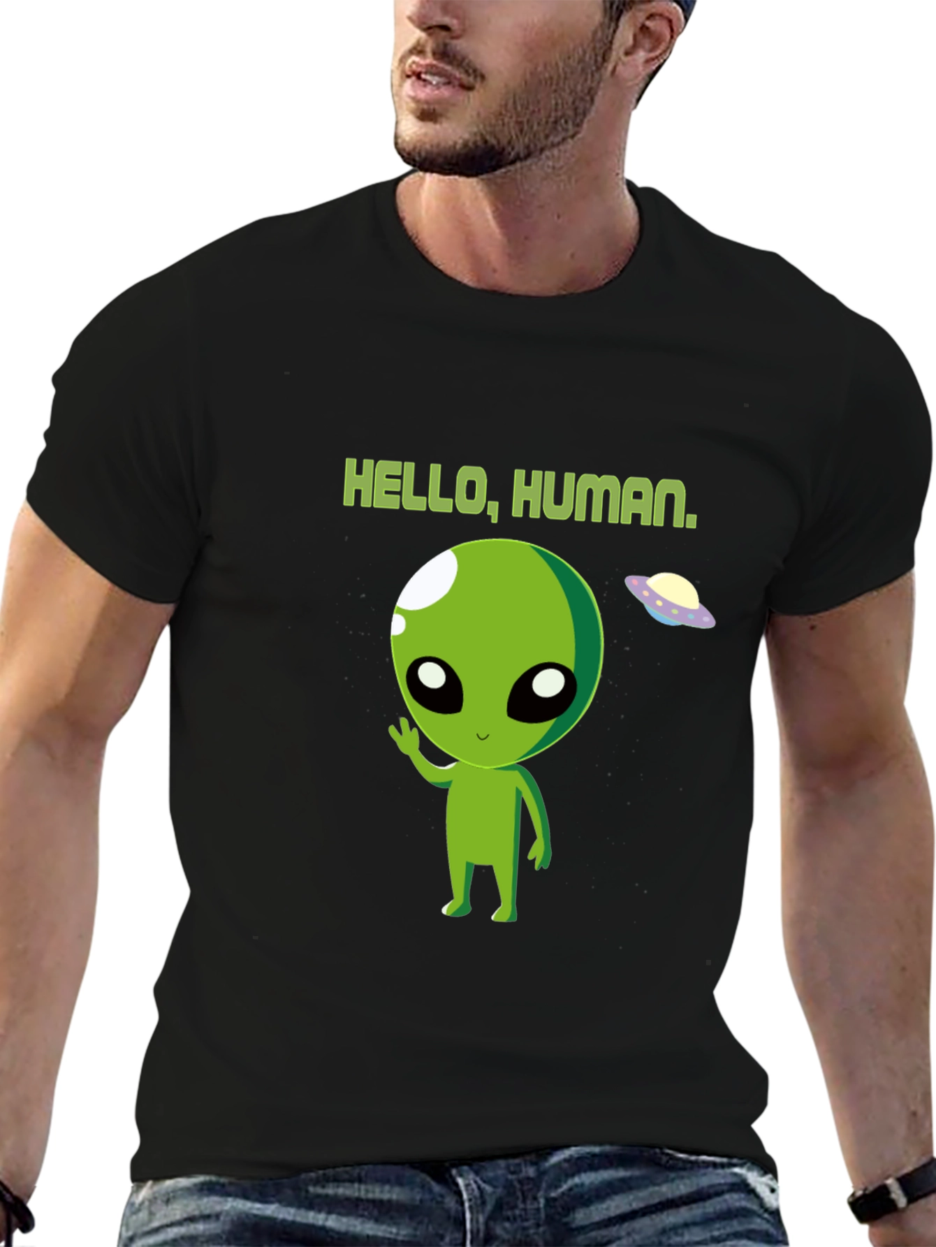 Hello Human Alien Graphic Tee - Black Crew Neck