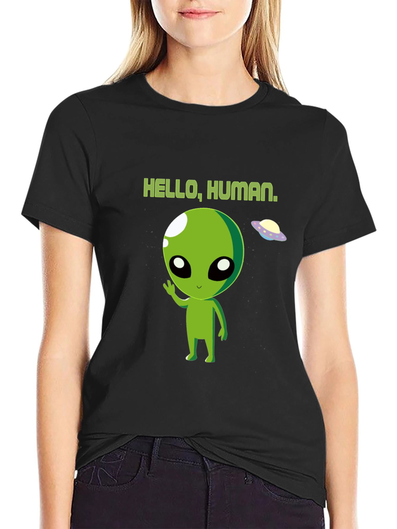 Hello Human Alien Graphic Tee - Black Crew Neck