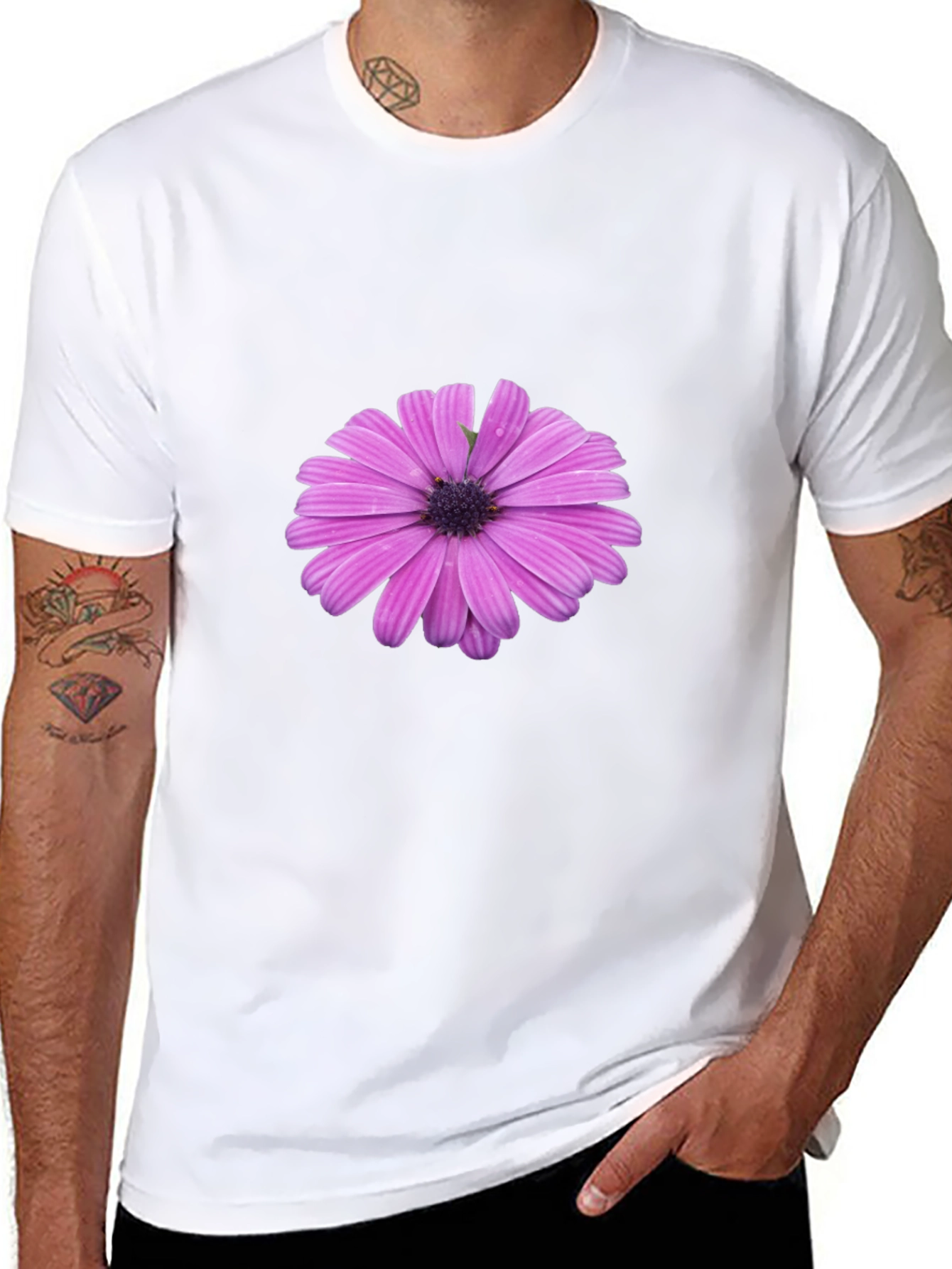 Mens Black T-Shirt with Purple Flower Graphic