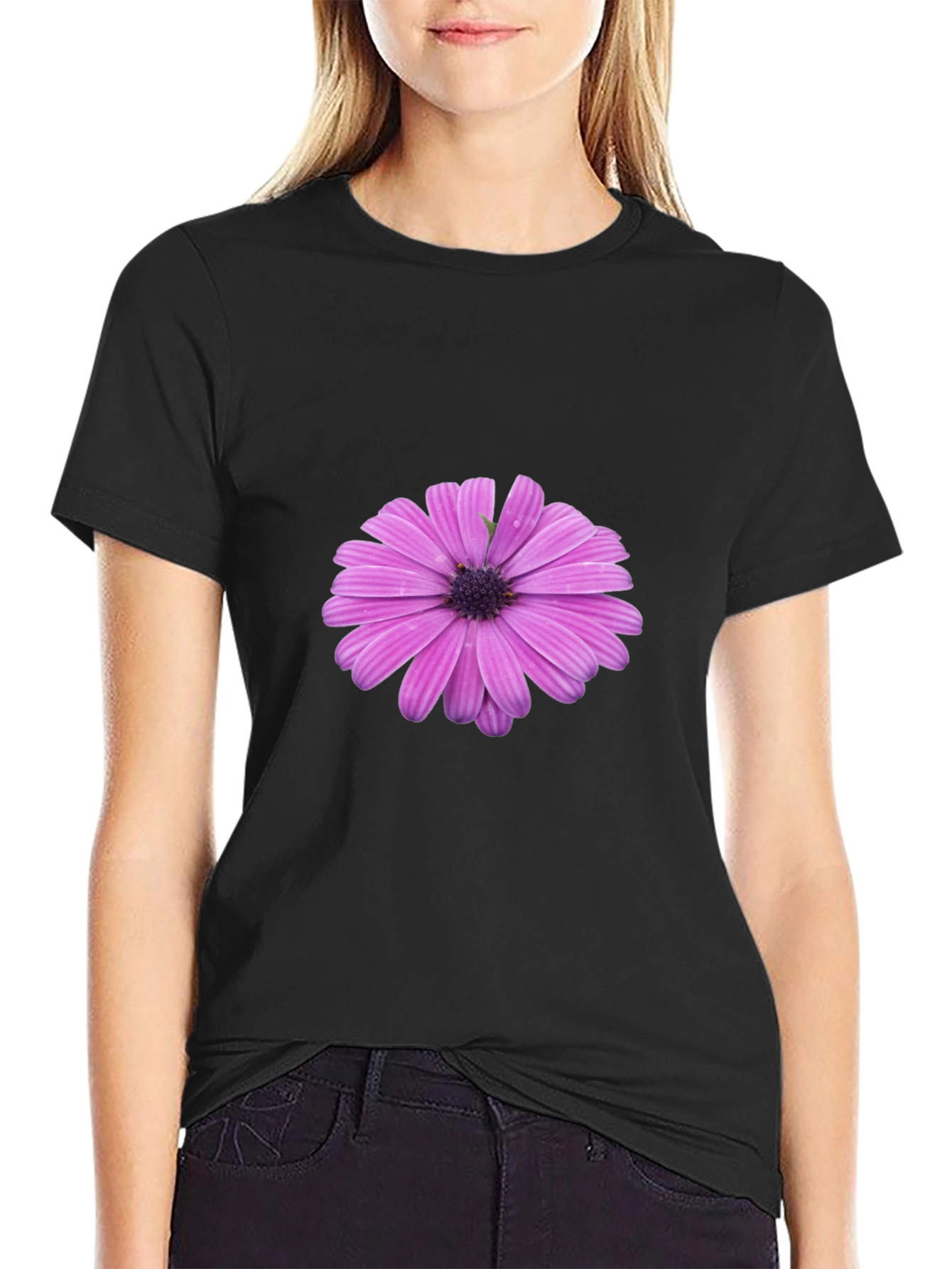 Mens Black T-Shirt with Purple Flower Graphic