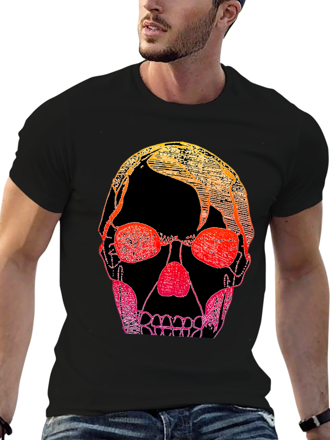Gradient Skull Graphic Tee - Black Casual Shirt