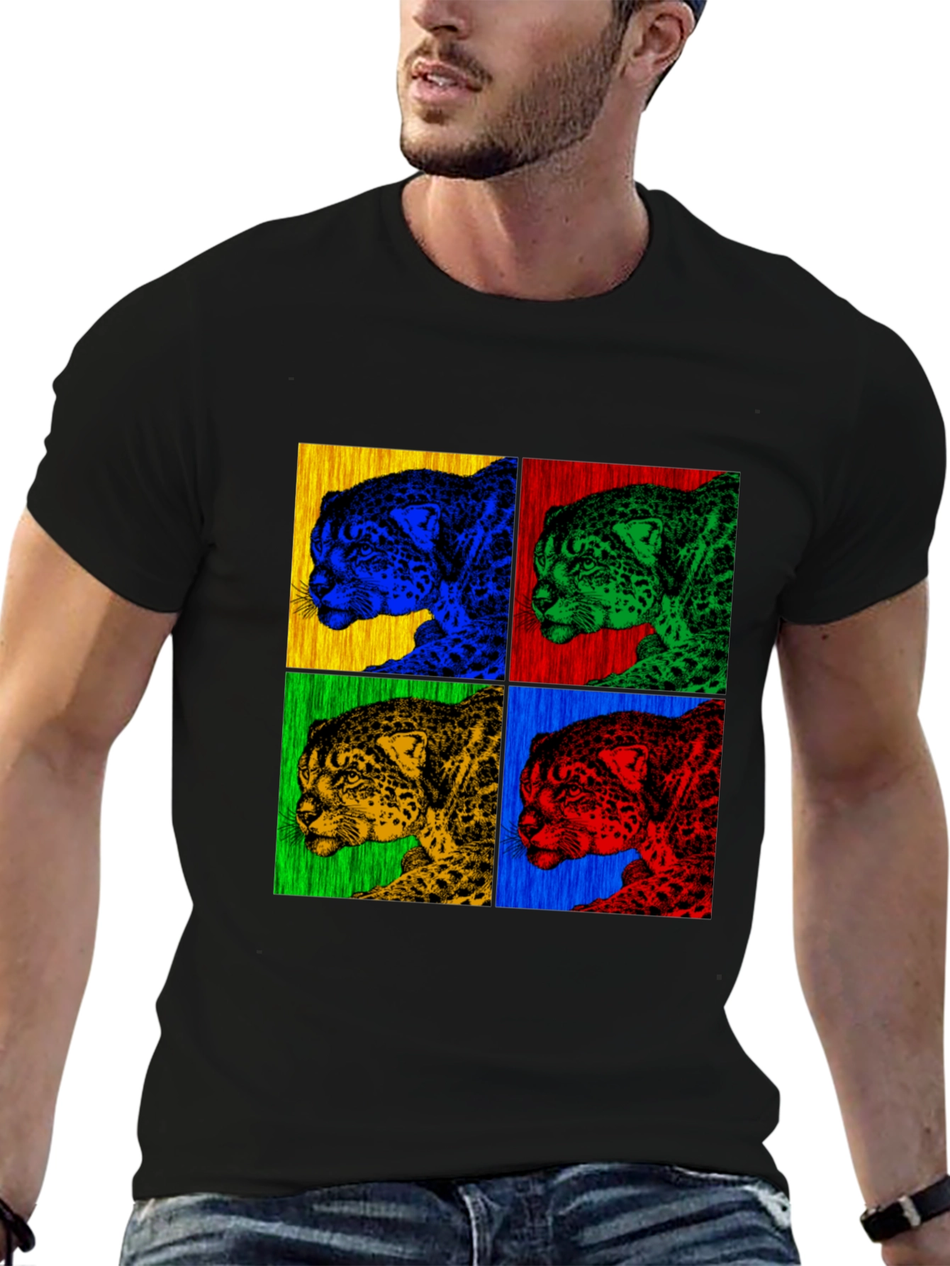 Pop Art Jaguar Print Black T-Shirt