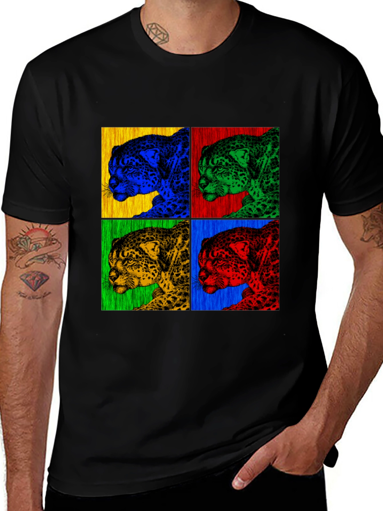 Pop Art Jaguar Print Black T-Shirt