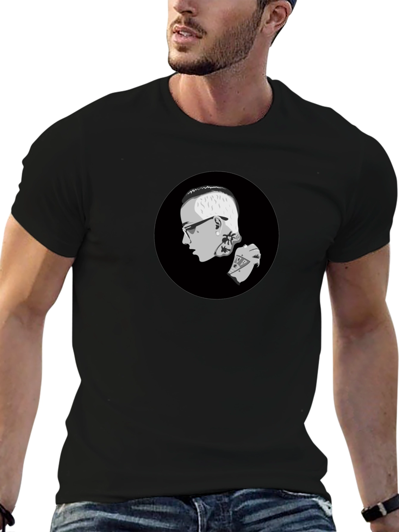 Graphic Print Crew Neck T-Shirt - Black