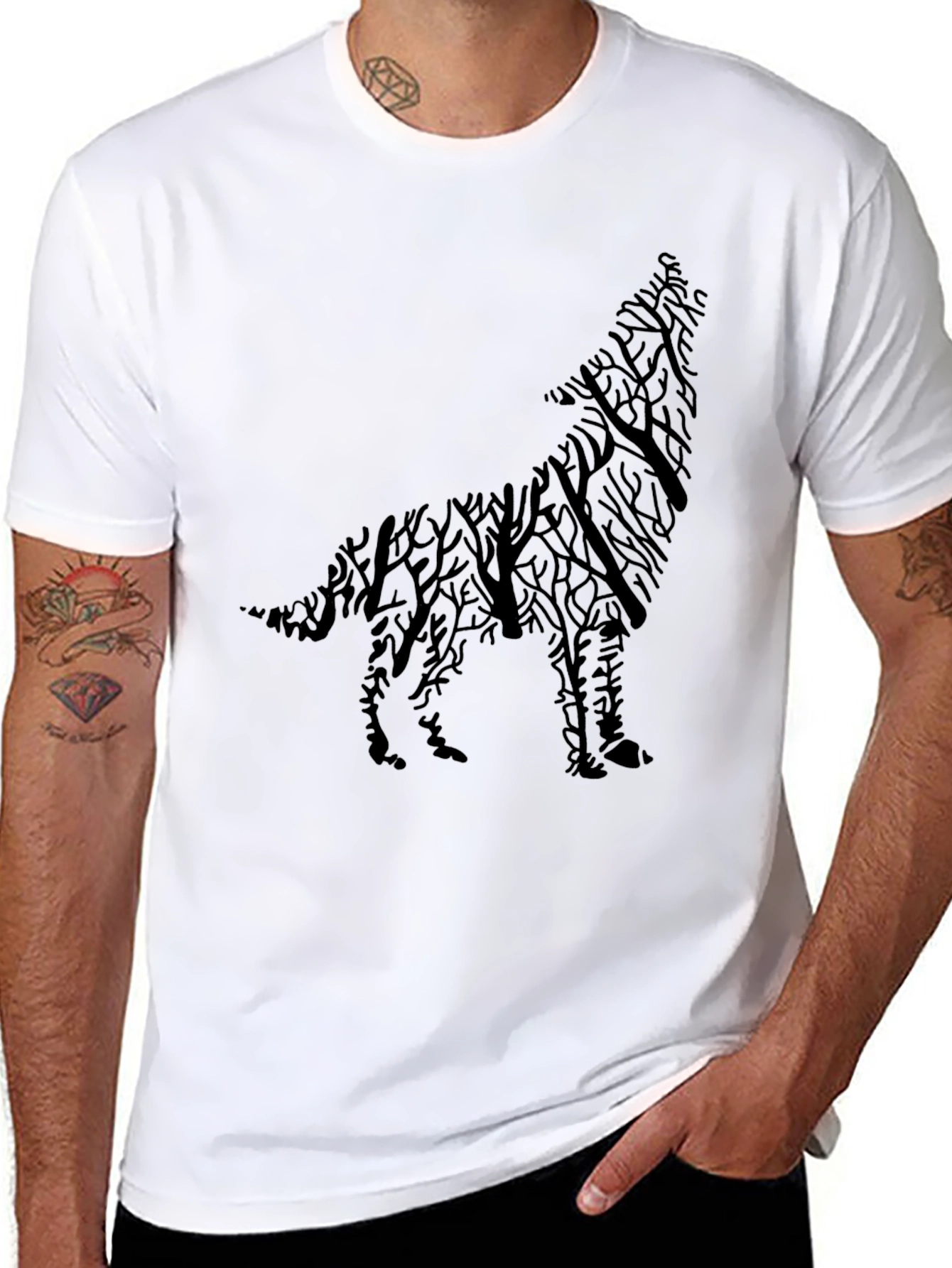 Wolf Tree Silhouette Graphic Tee - Mens Black T-Shirt