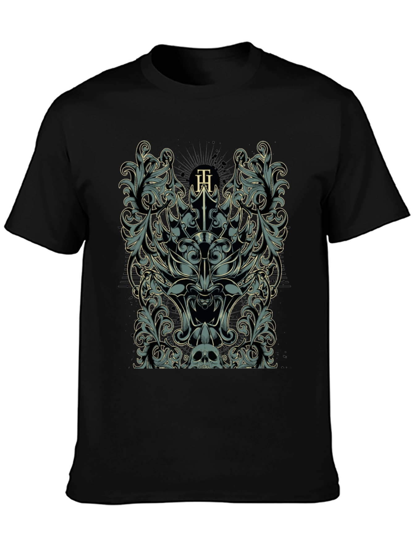 Ornate Skull & Floral Graphic Black T-Shirt