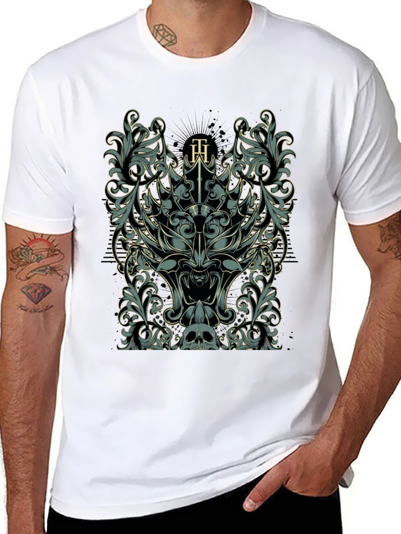 Ornate Skull & Floral Graphic Black T-Shirt