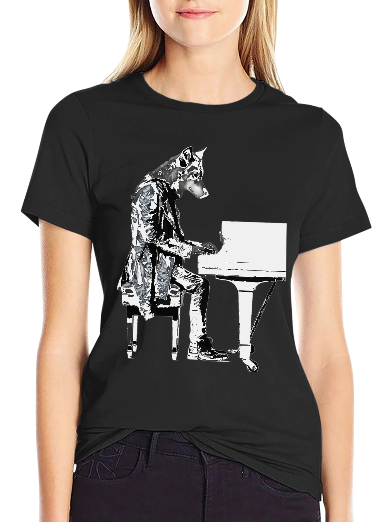 Piano Dog Graphic T-Shirt - Black