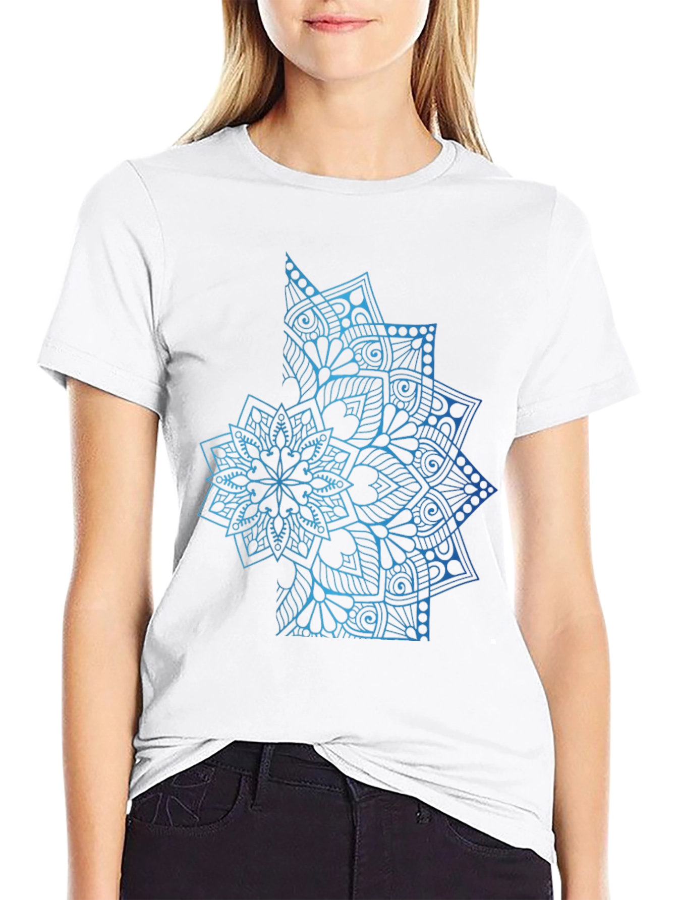 Blue Mandala Graphic Black T-Shirt