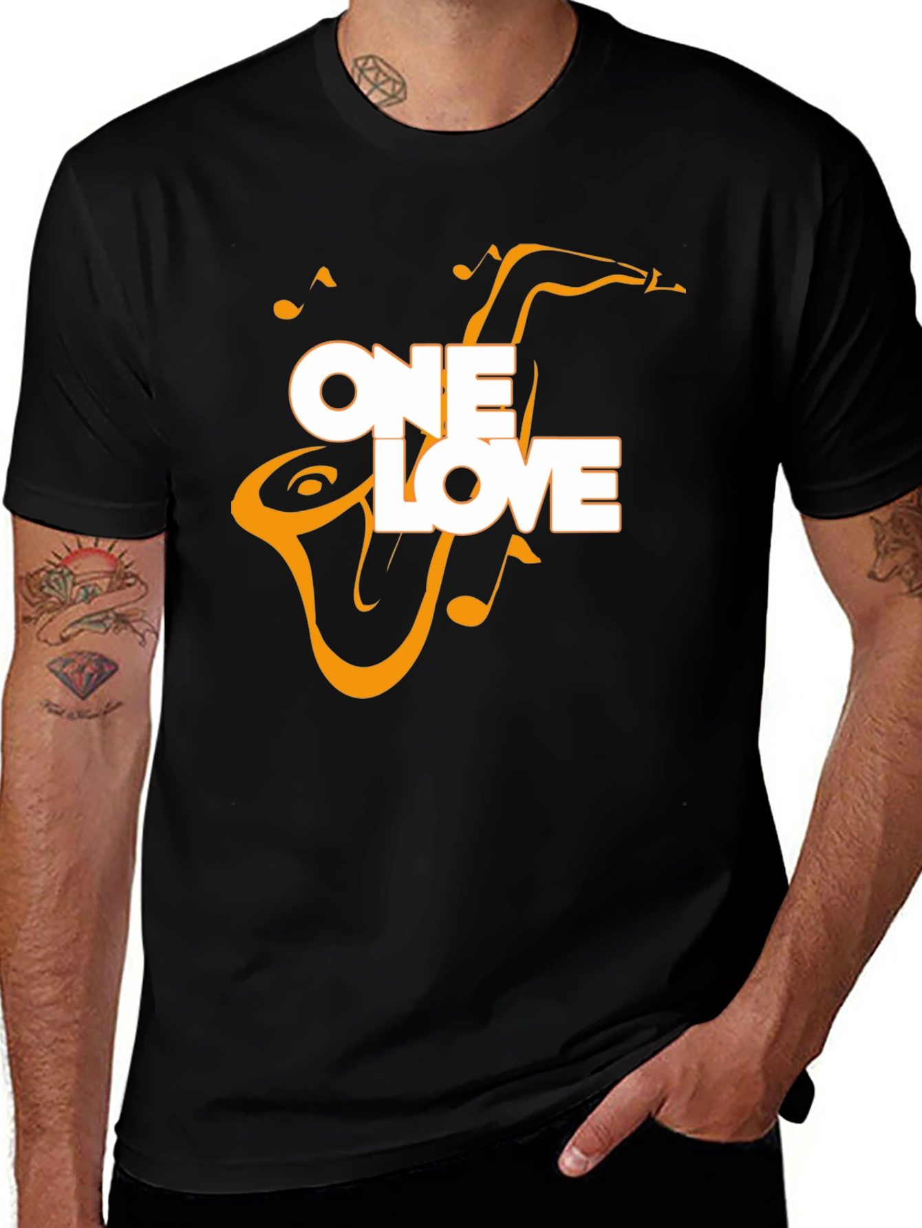 One Love Saxophone Graphic Tee - Black Cotton Blend