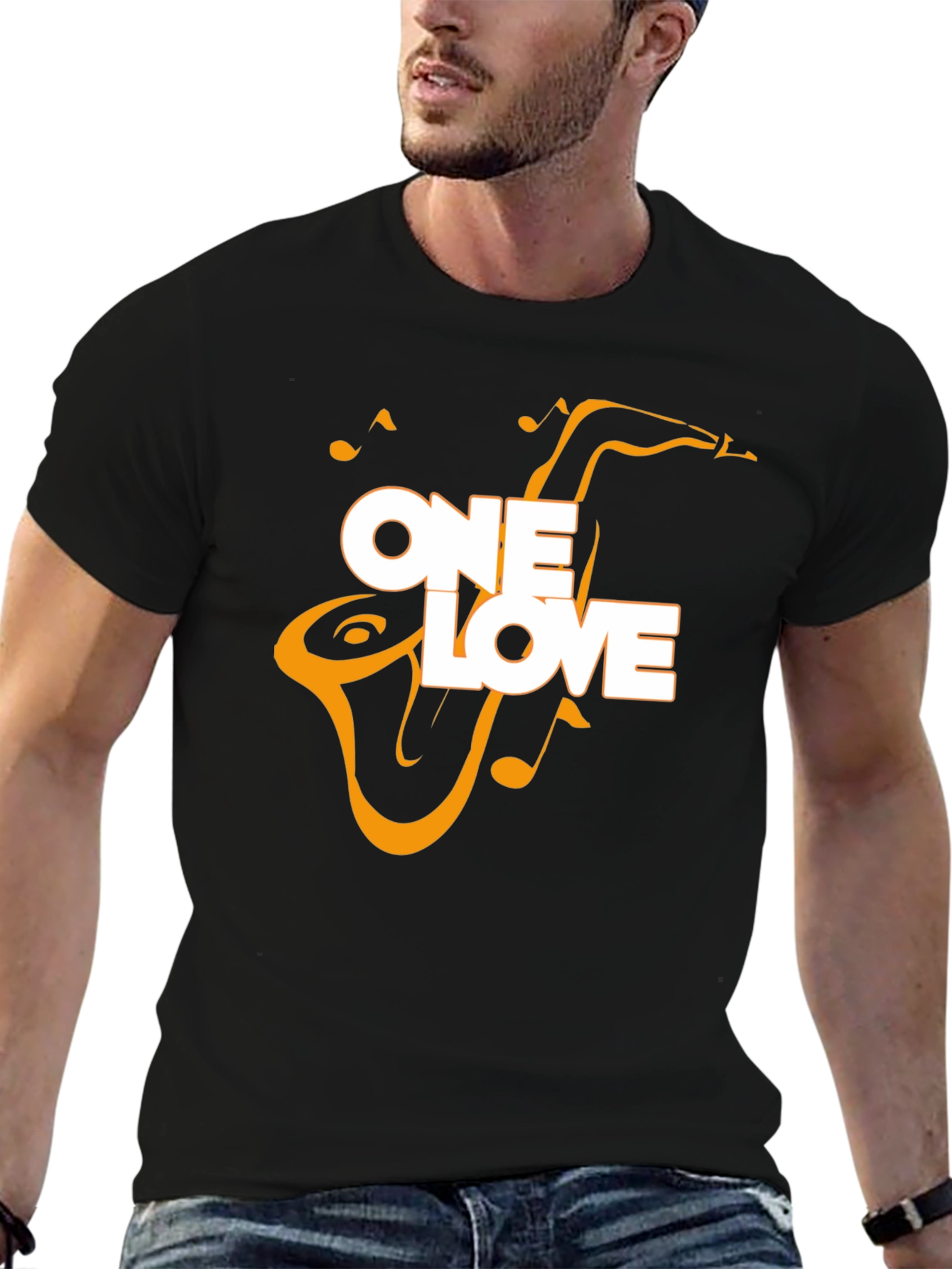 One Love Saxophone Graphic Tee - Black Cotton Blend
