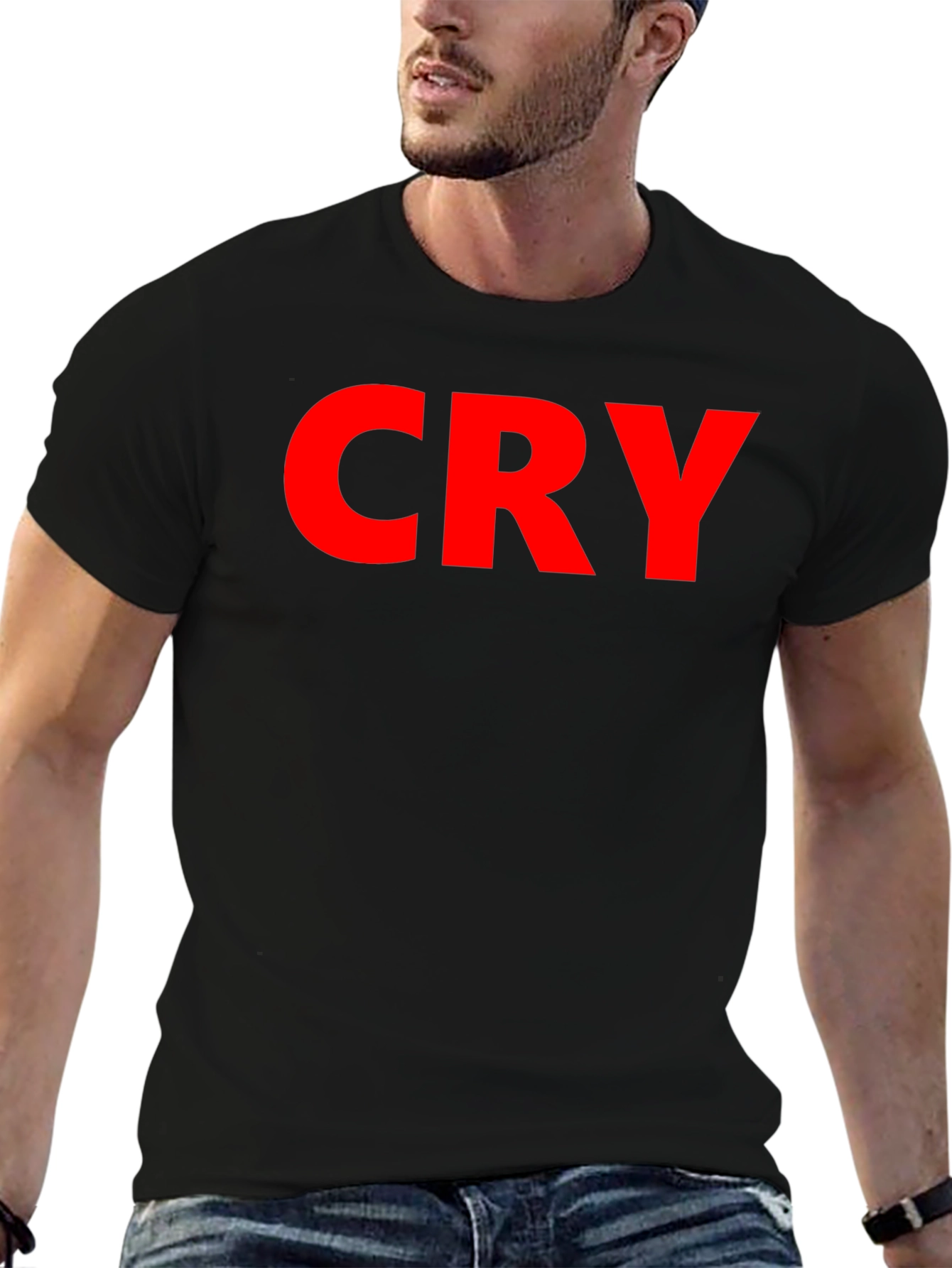 CRY Graphic Tee - Bold Red Text Casual Style
