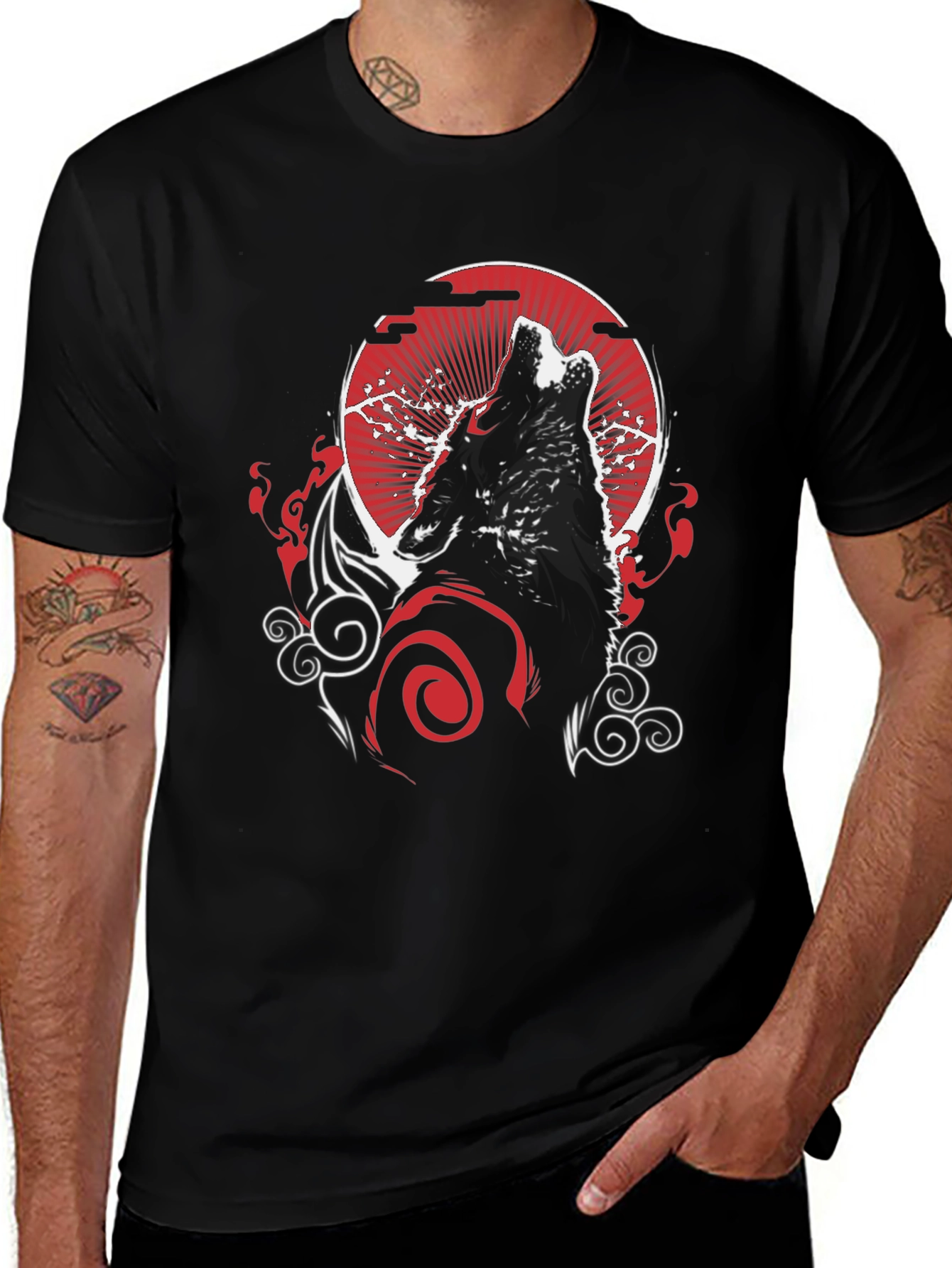 Wolf Howling at Moon Graphic Tee - Black