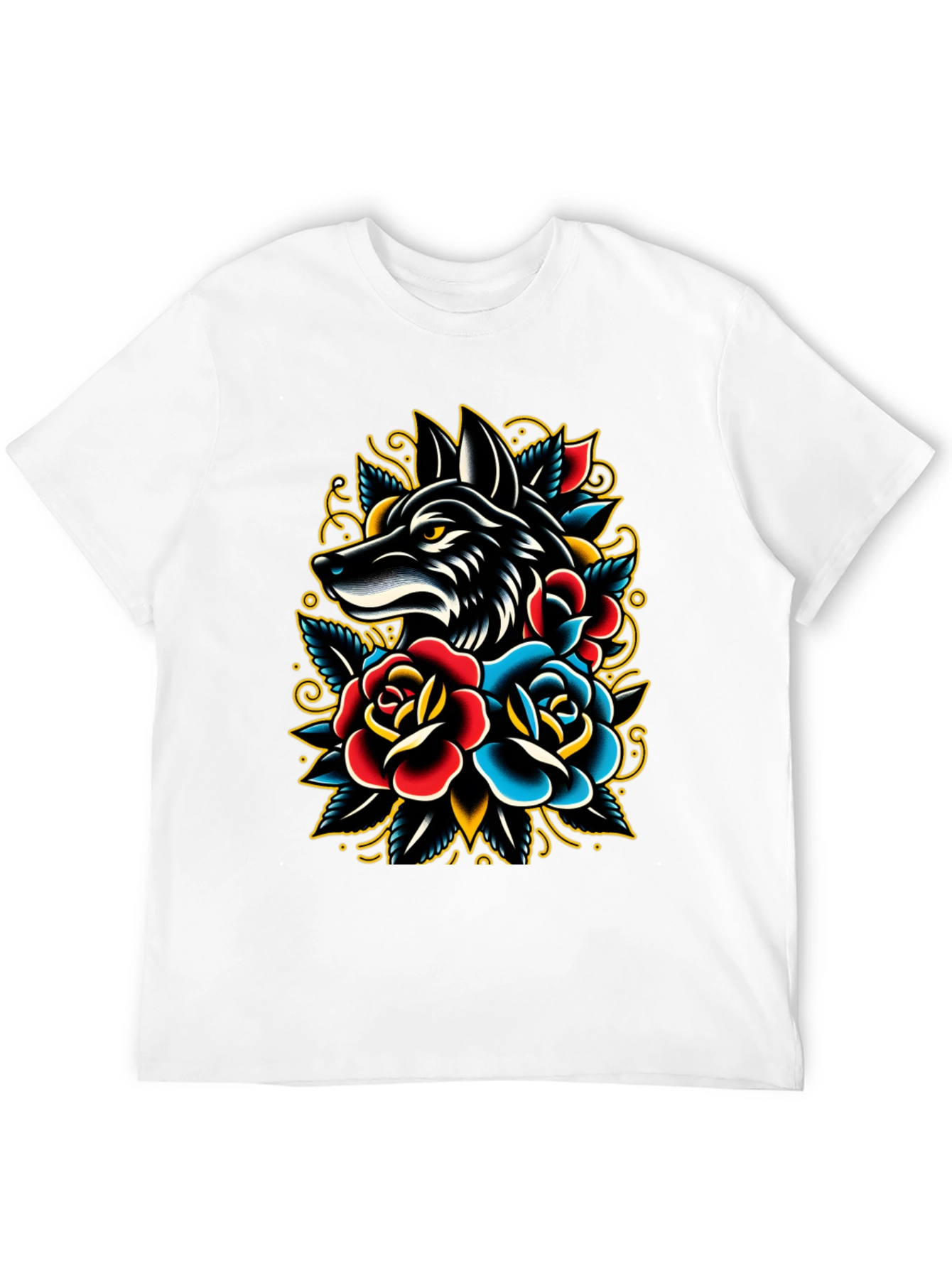 Wolf & Roses Graphic Tee - Classic Tattoo Style