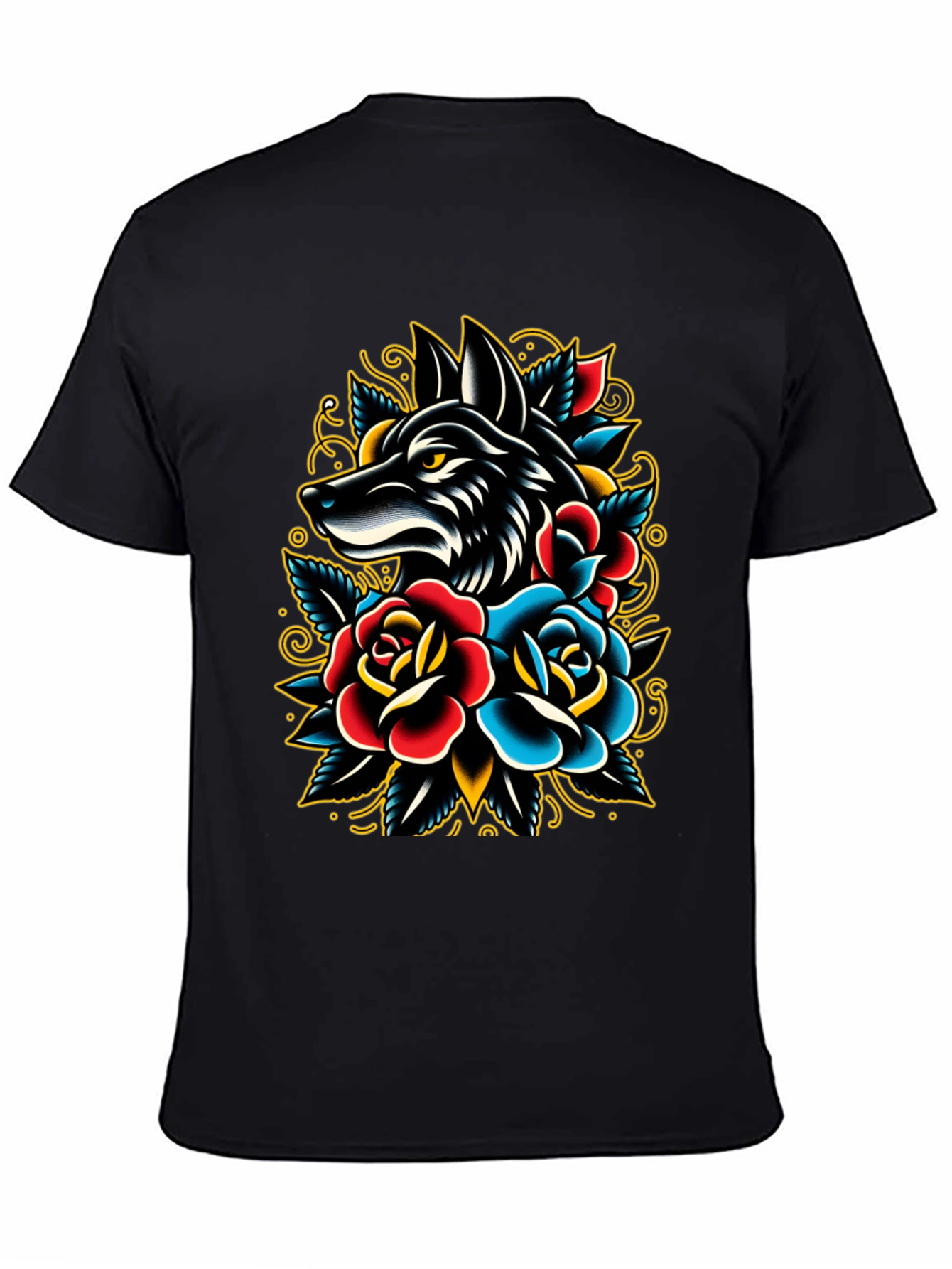 Wolf & Roses Graphic Tee - Classic Tattoo Style