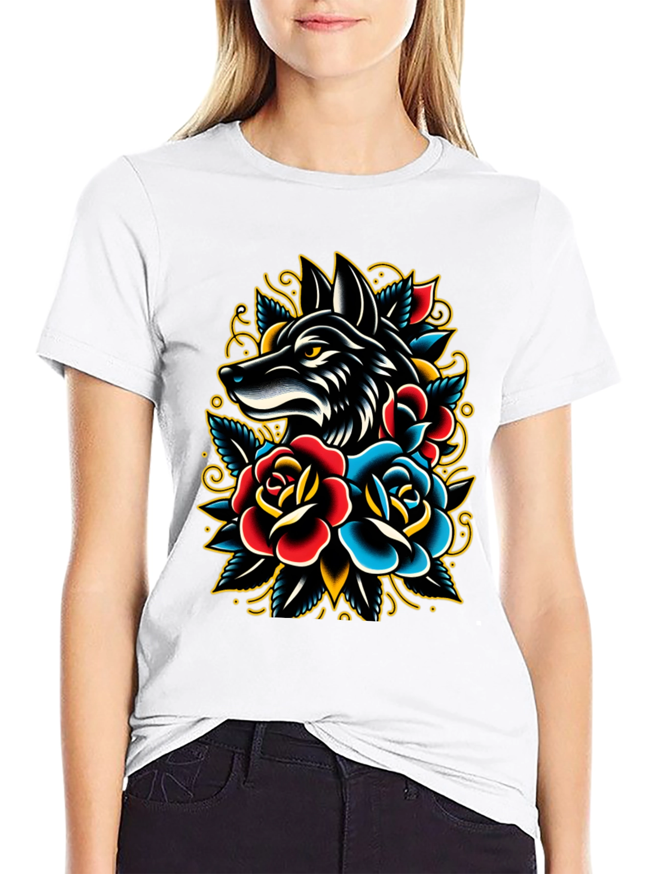 Wolf & Roses Graphic Tee - Classic Tattoo Style