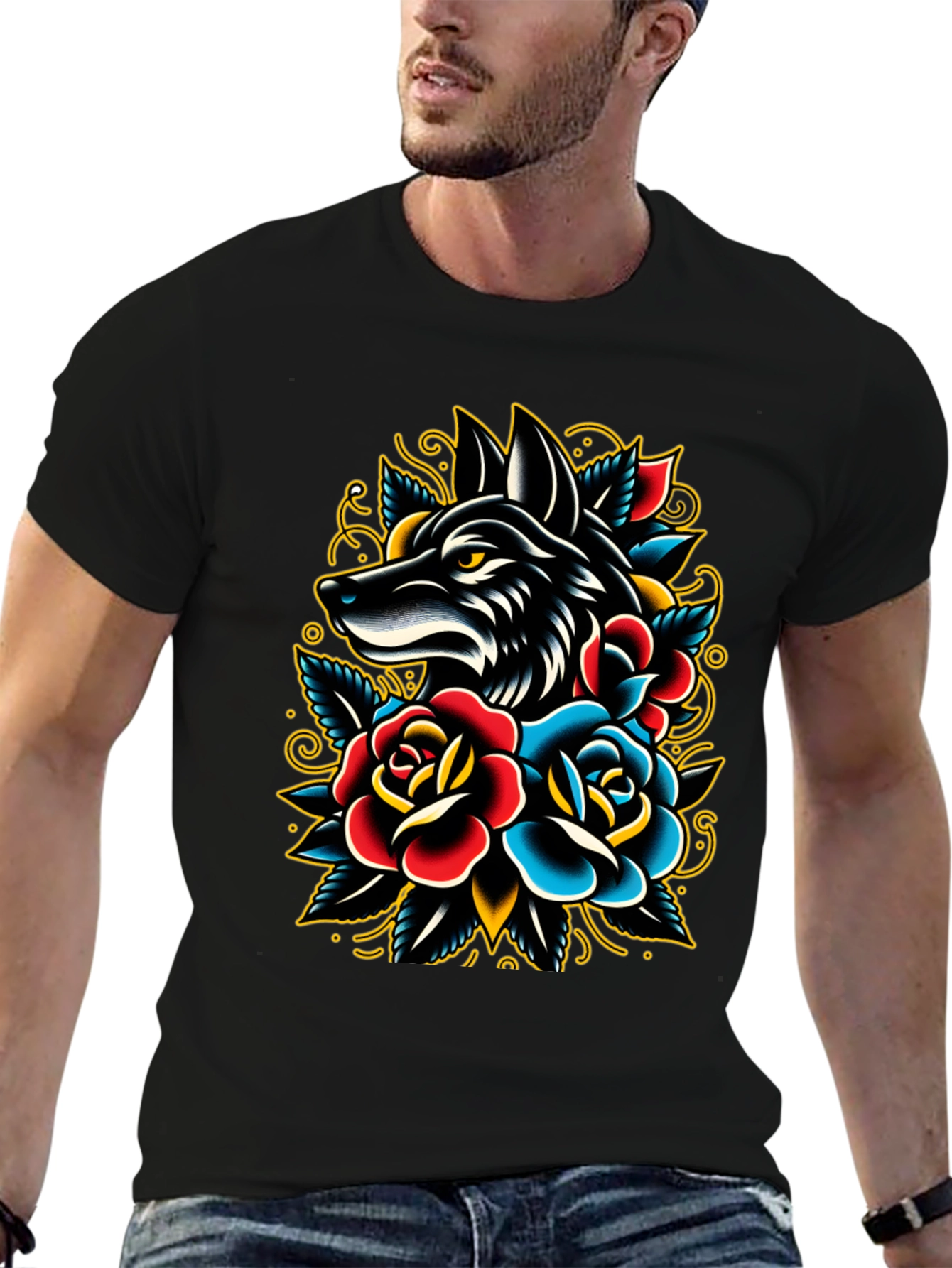 Wolf & Roses Graphic Tee - Classic Tattoo Style