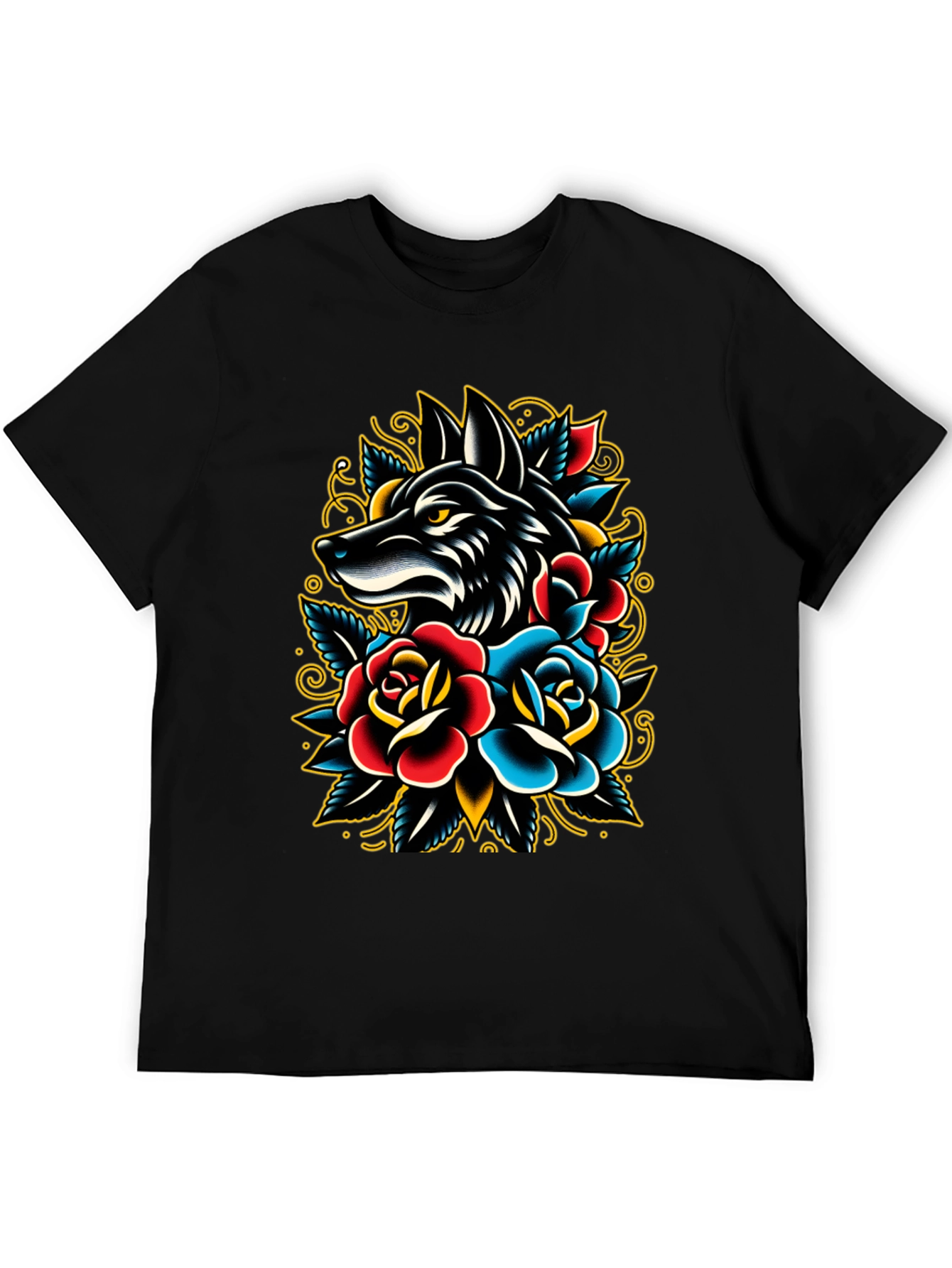 Wolf & Roses Graphic Tee - Classic Tattoo Style