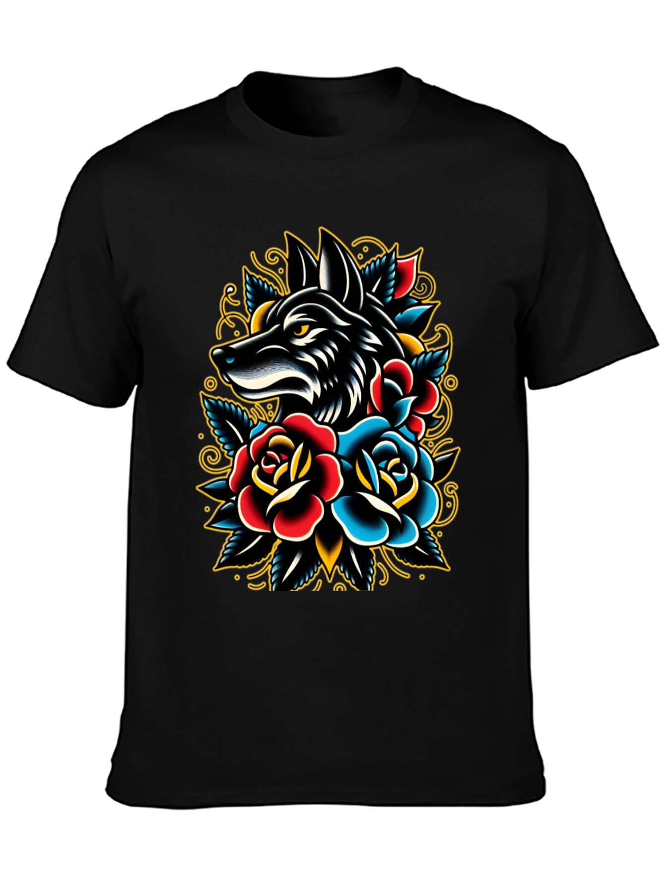 Wolf & Roses Graphic Tee - Classic Tattoo Style