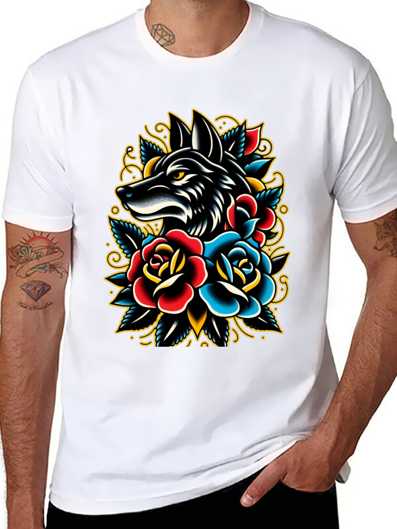 Wolf & Roses Graphic Tee - Classic Tattoo Style