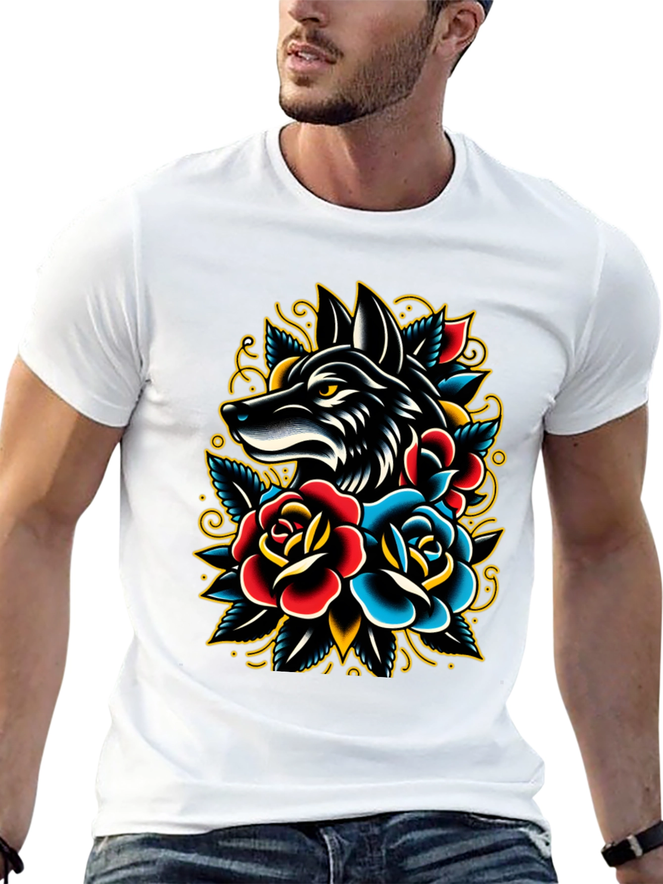 Wolf & Roses Graphic Tee - Classic Tattoo Style