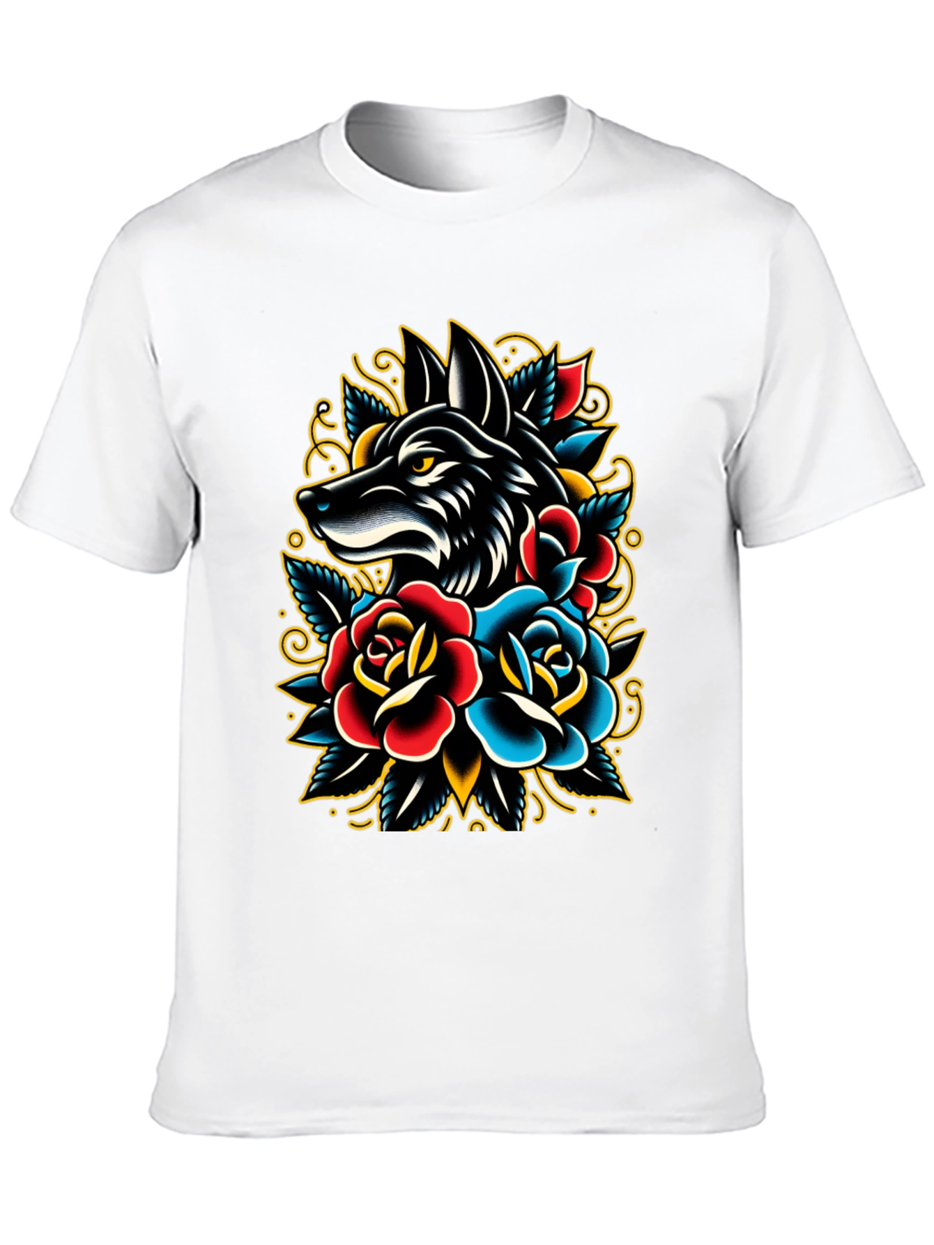 Wolf & Roses Graphic Tee - Classic Tattoo Style