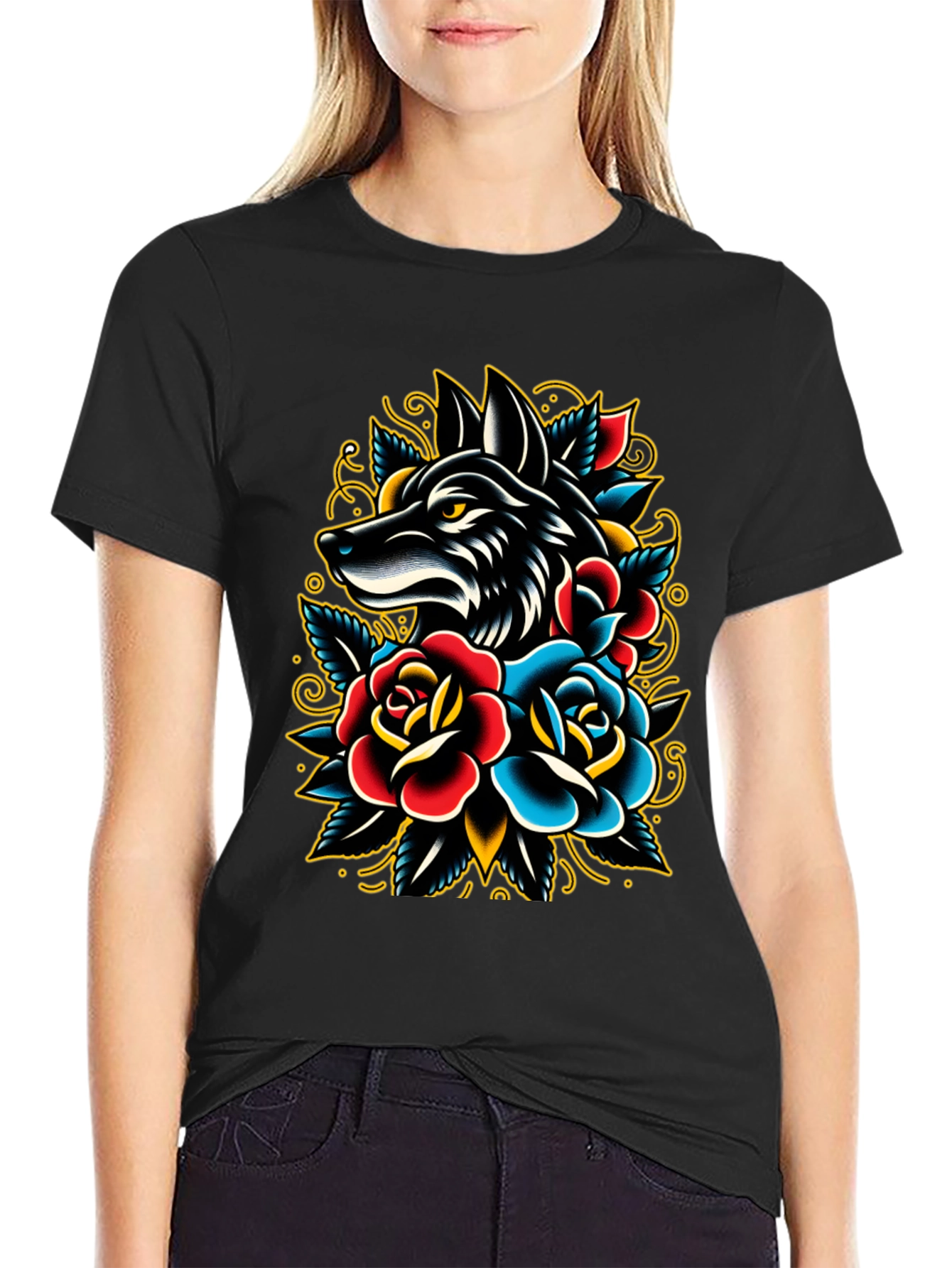 Wolf & Roses Graphic Tee - Classic Tattoo Style