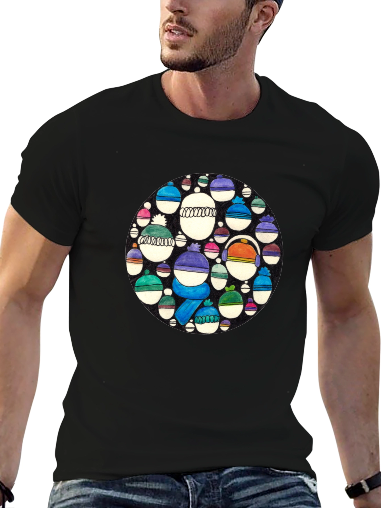 Whimsical Winter Hats Graphic Tee - Black