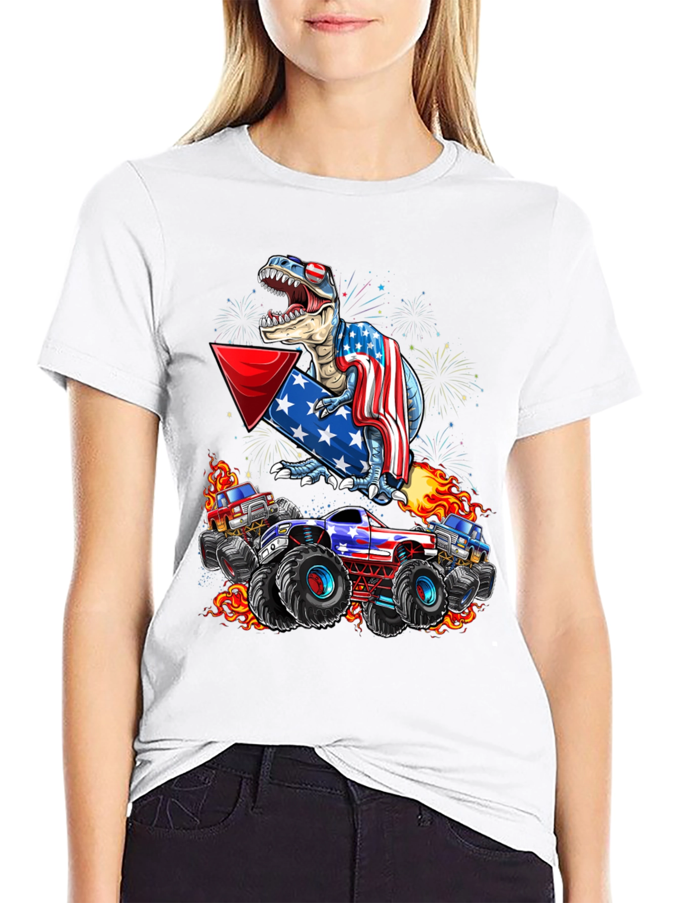 Patriotic Dinosaur & Monster Truck Graphic T-Shirt