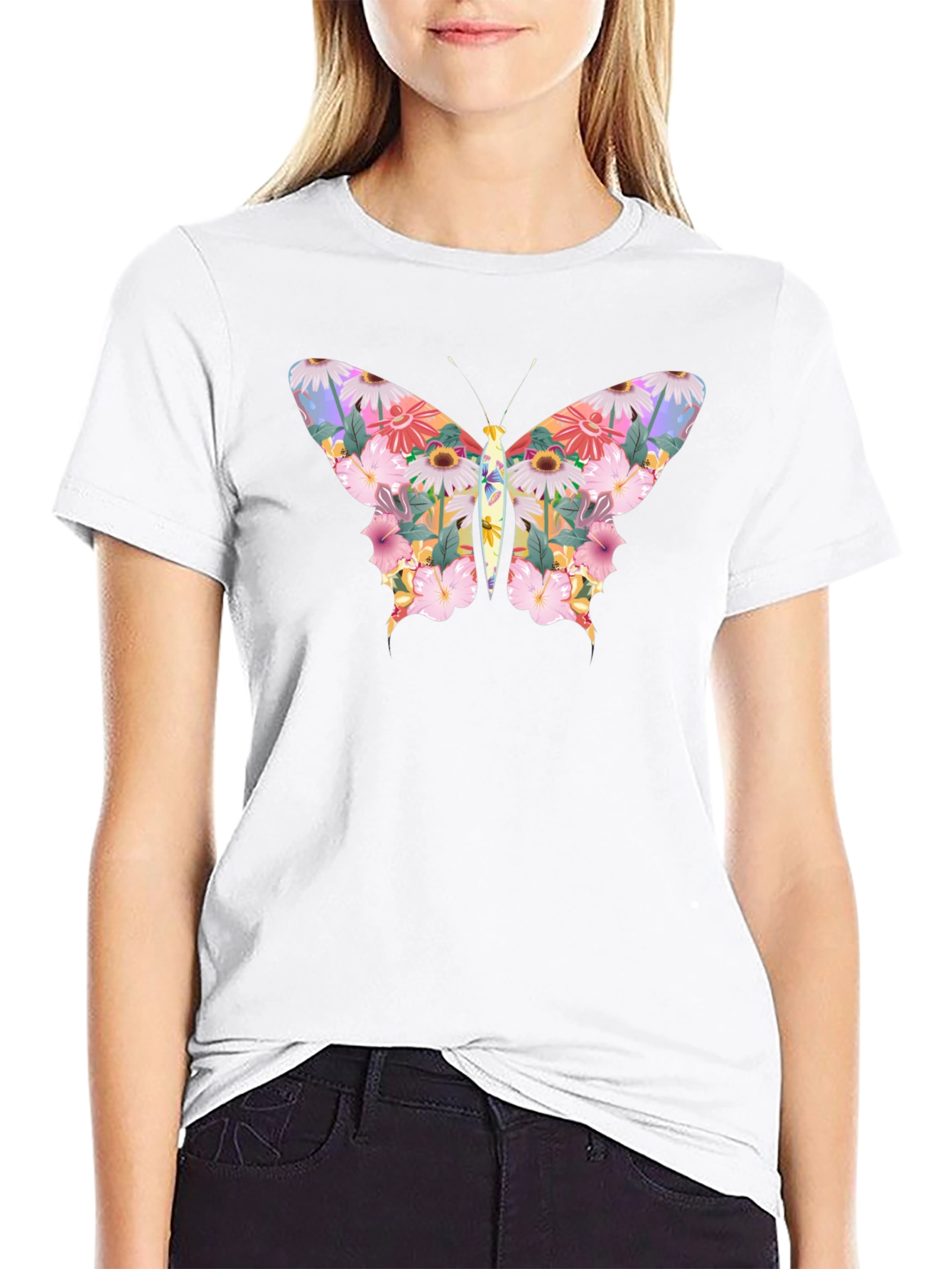 Floral Butterfly Graphic Black T-Shirt