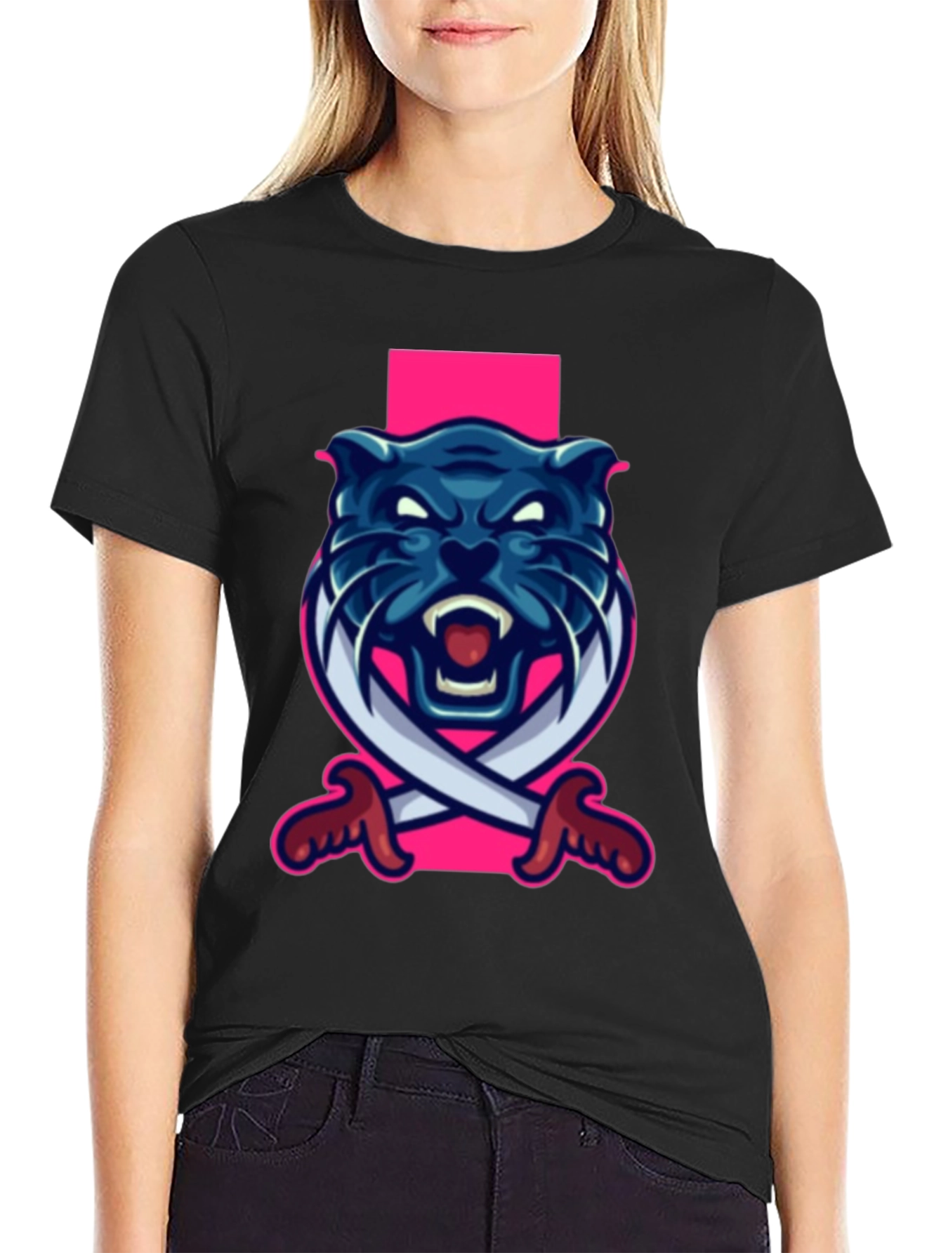 Black T-Shirt with Blue Panther Sword Graphic