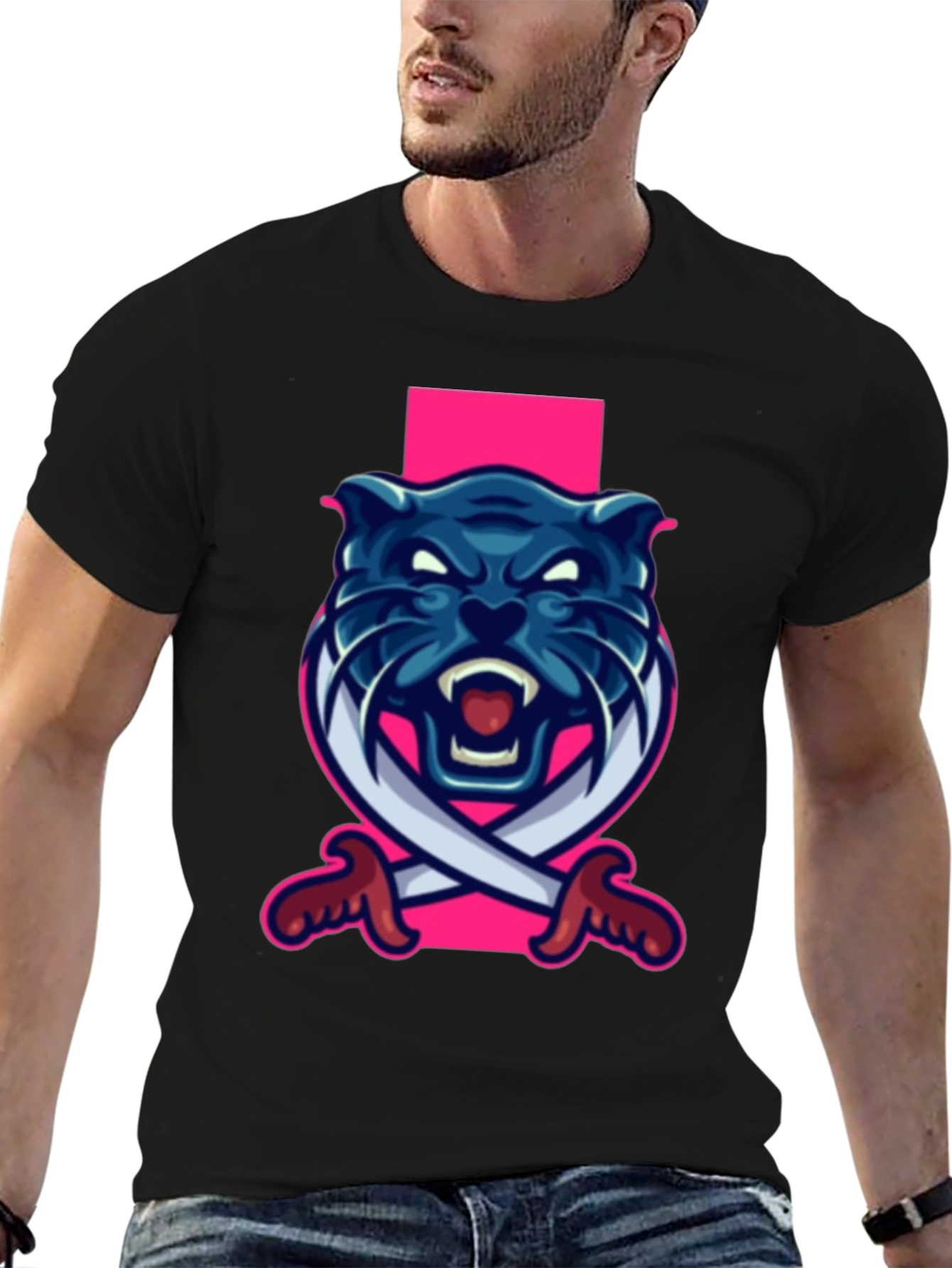 Black T-Shirt with Blue Panther Sword Graphic