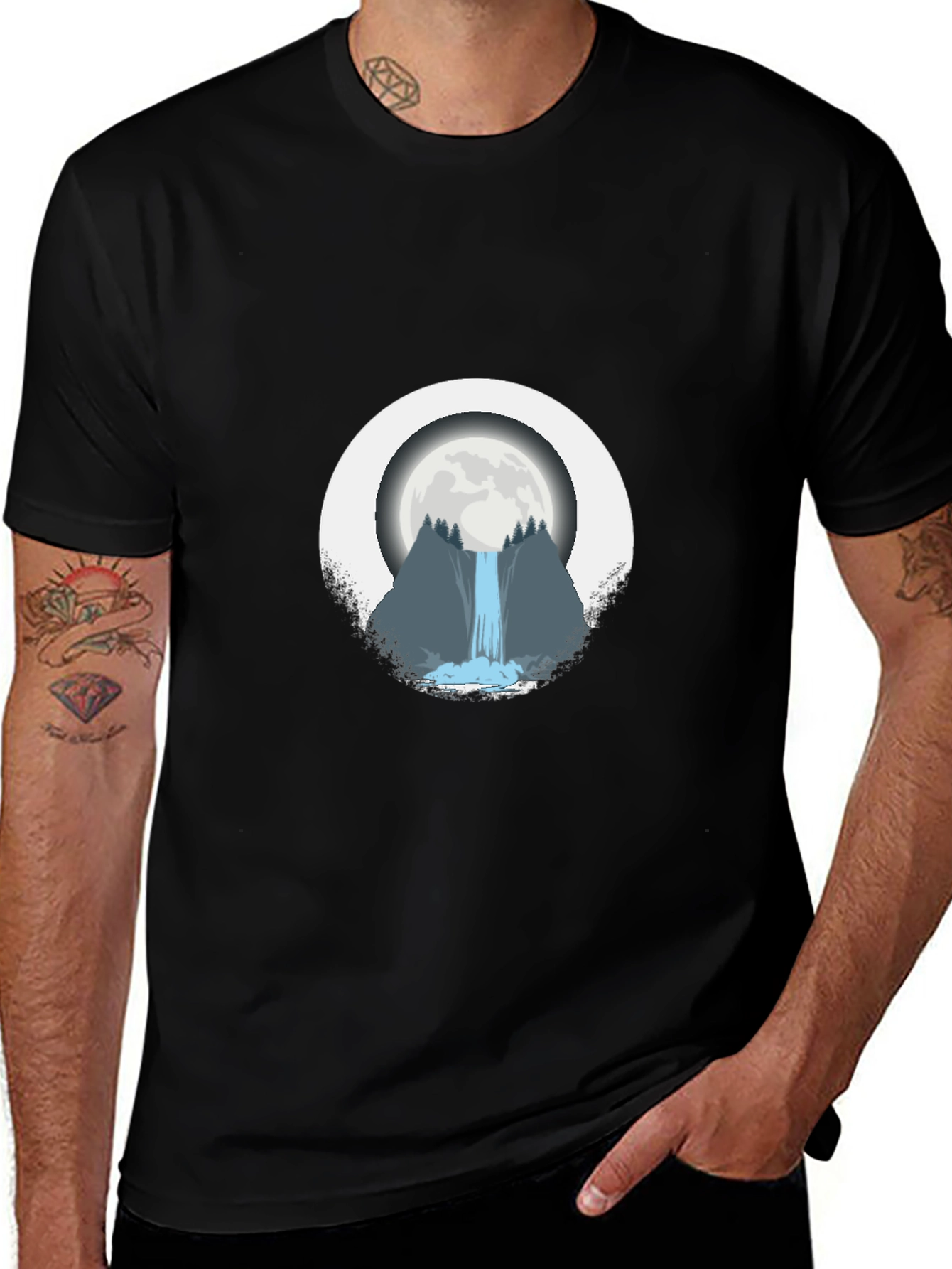 Moonlit Waterfall Graphic Tee - Black