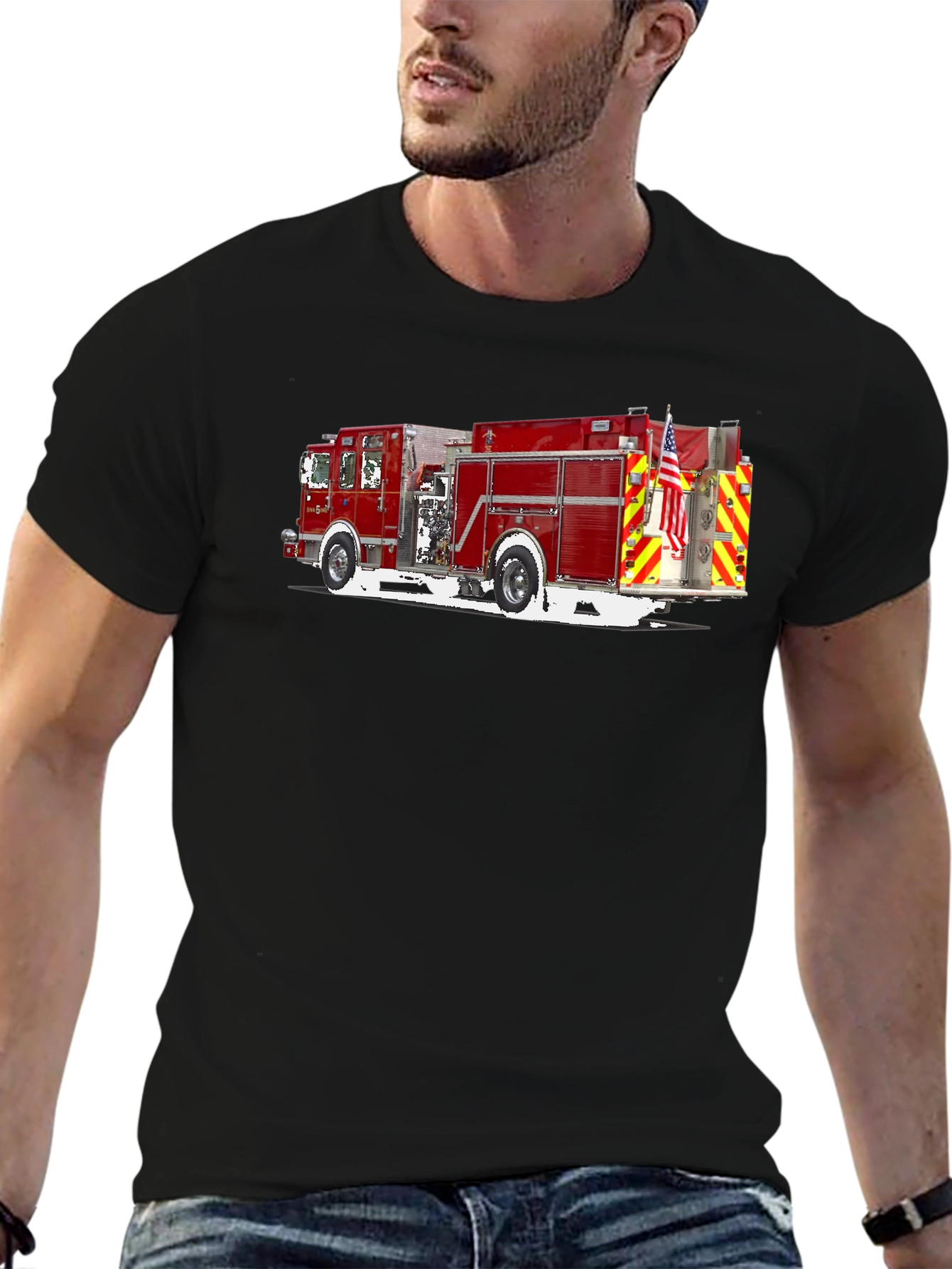 Fire Truck Graphic T-Shirt - Black Cotton Tee