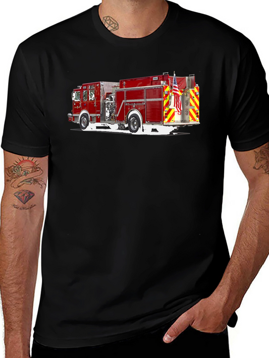 Fire Truck Graphic T-Shirt - Black Cotton Tee