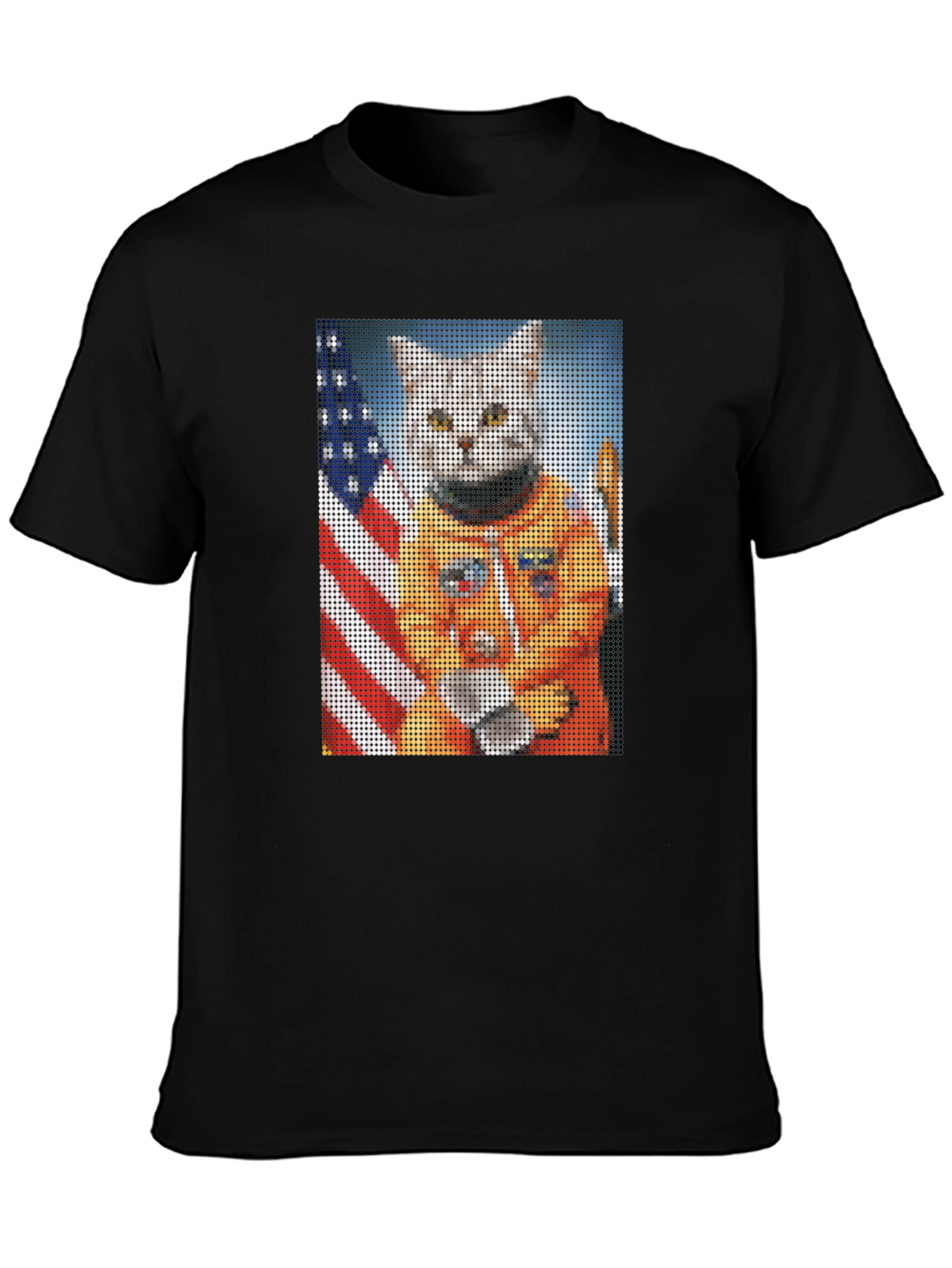 Astronaut Cat Graphic T-Shirt - USA Flag Black Tee